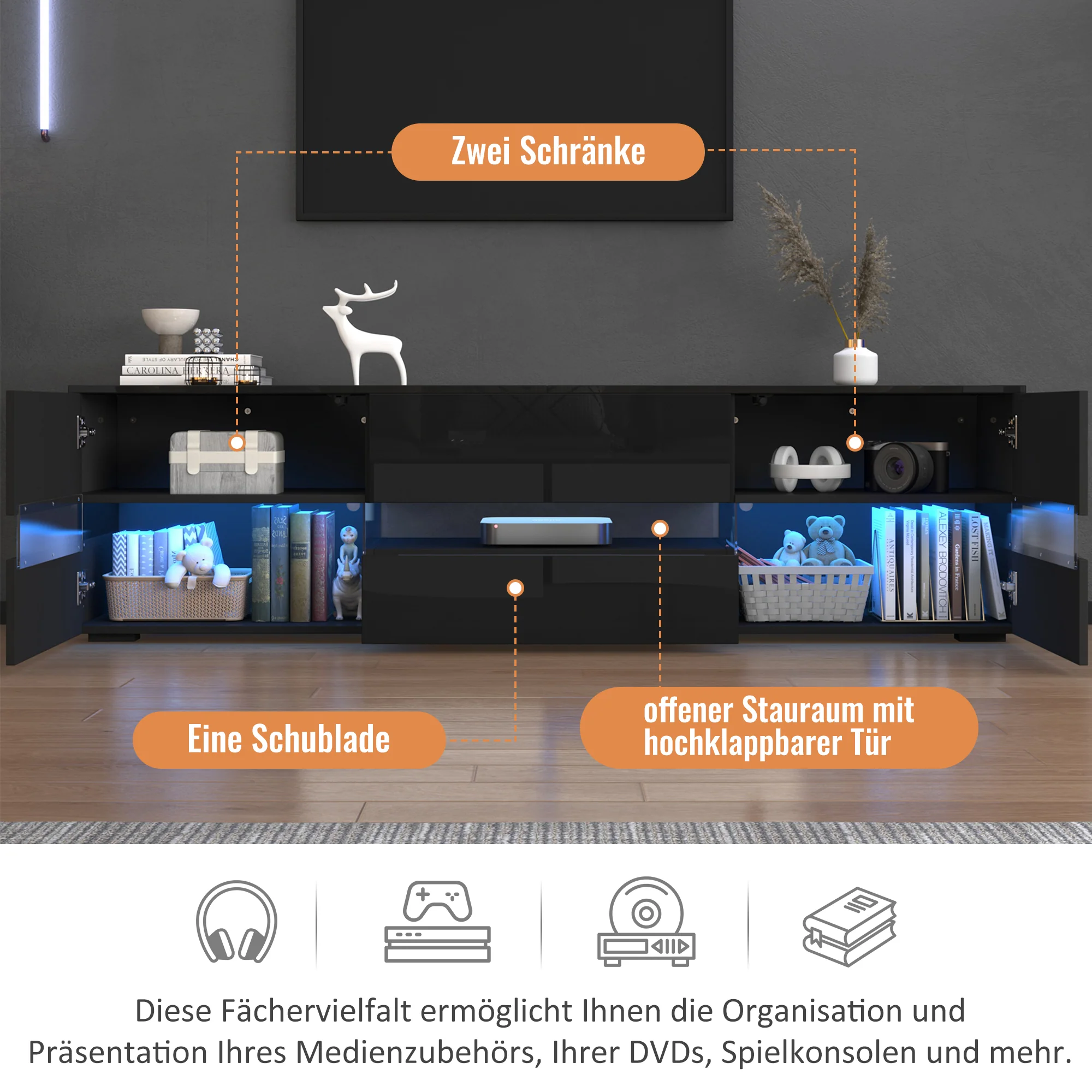 Modern High-Gloss TV Cabinet 160x39x45cm LED 2 Doors 1 Drawer - Black - Image 9