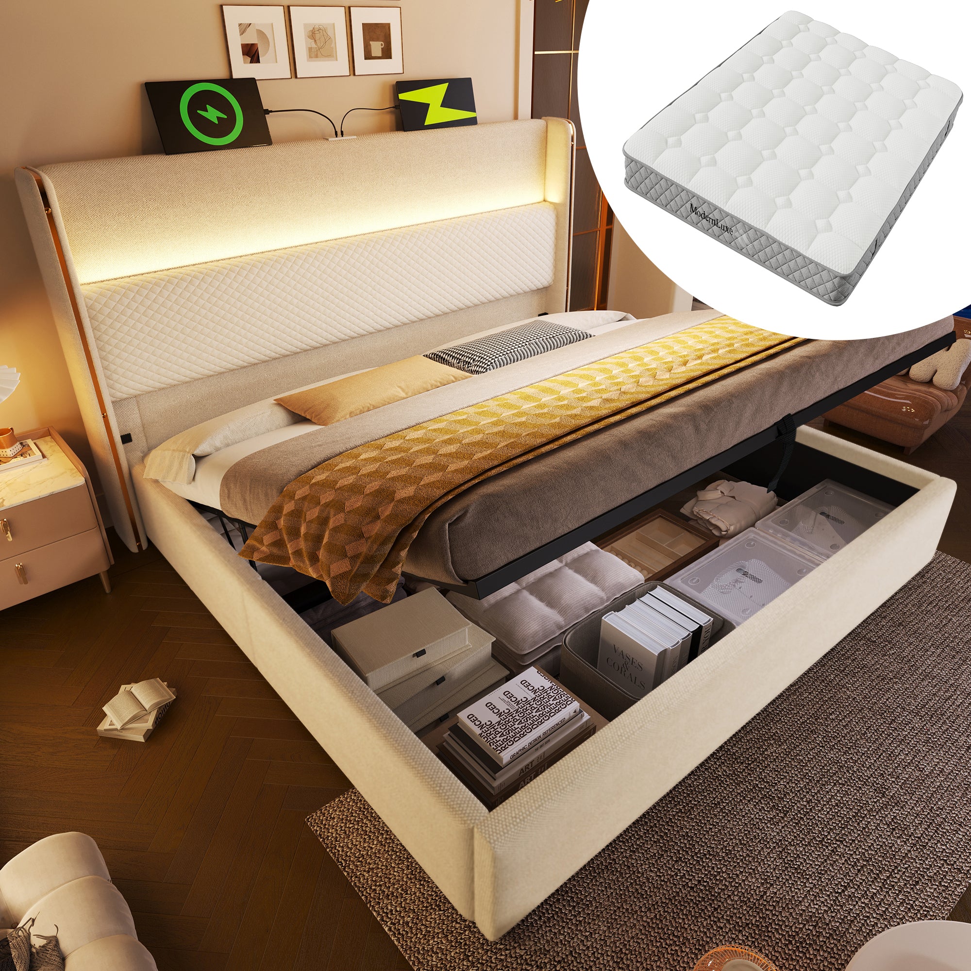Modern Hydraulic Bed 180x200cm, High Headboard LED, Storage, USB/Type-C Ports, Linen Look Beige