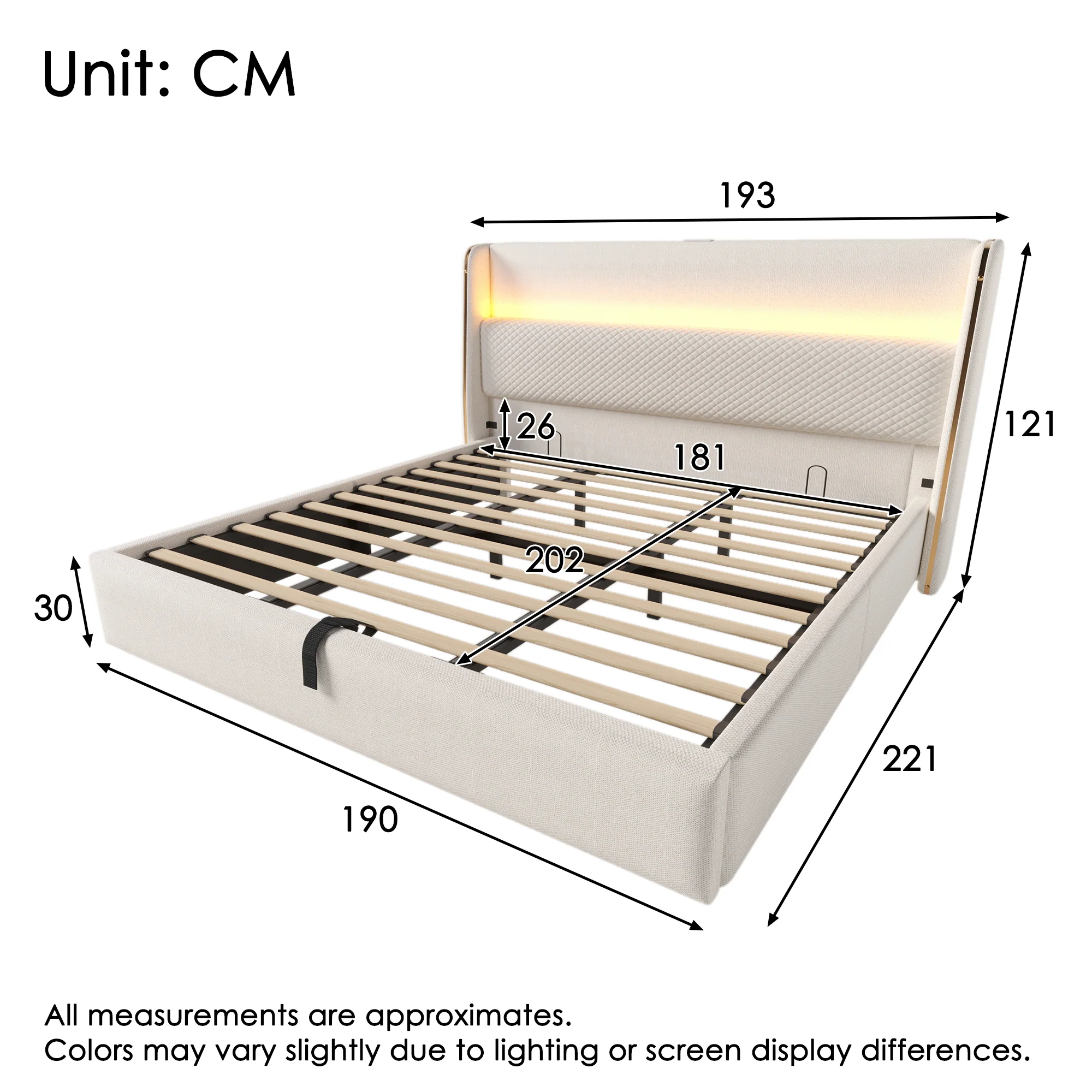 Modern Hydraulic Bed 180x200cm, High Headboard LED, Storage, USB/Type-C Ports, Linen Look Beige - Image 2