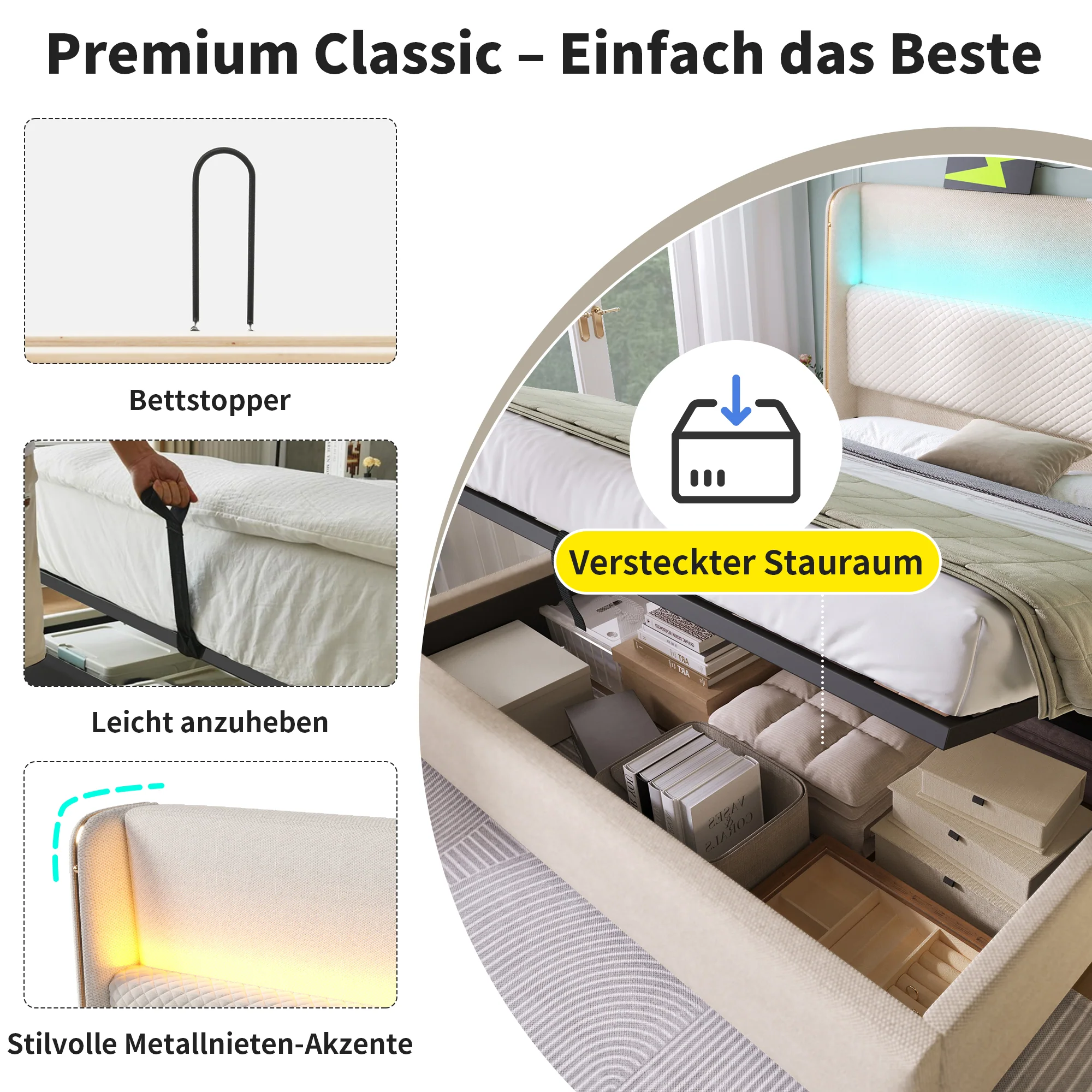 Modern Hydraulic Bed 180x200cm, High Headboard LED, Storage, USB/Type-C Ports, Linen Look Beige - Image 4