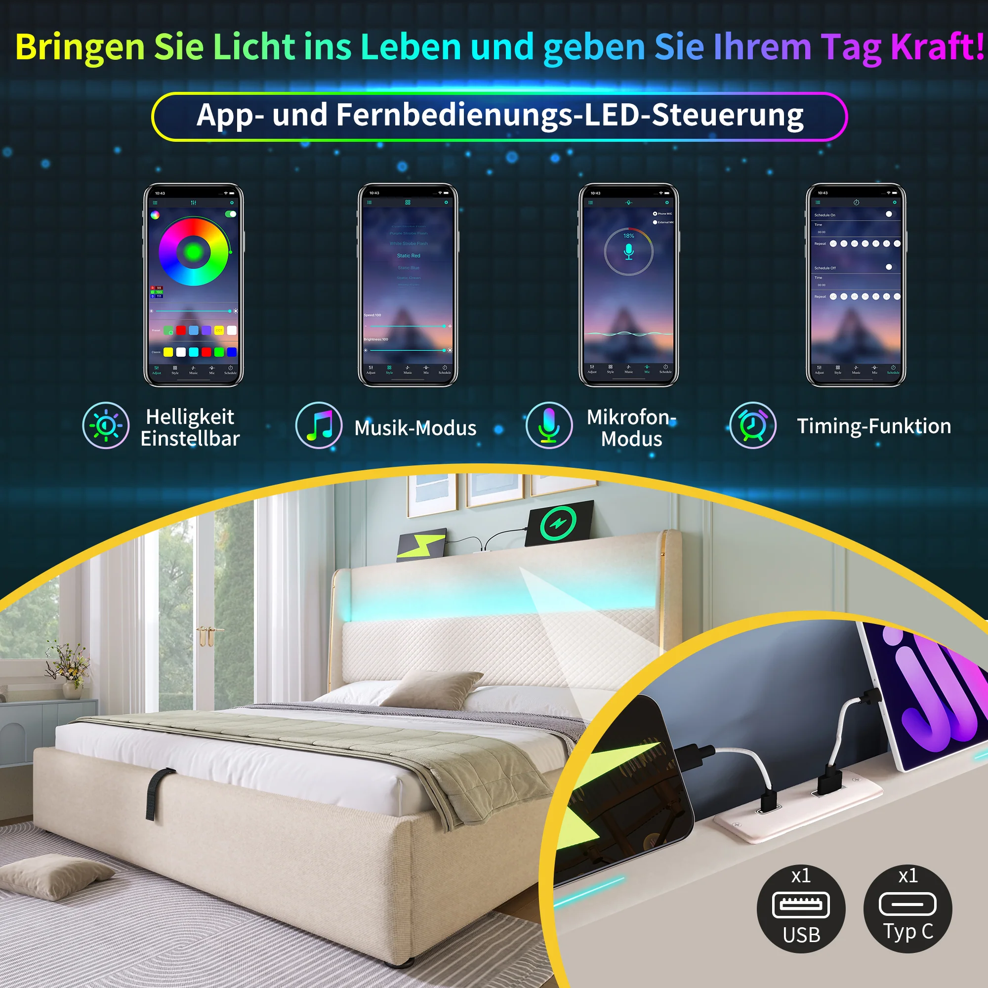 Modern Hydraulic Bed 180x200cm, High Headboard LED, Storage, USB/Type-C Ports, Linen Look Beige - Image 5