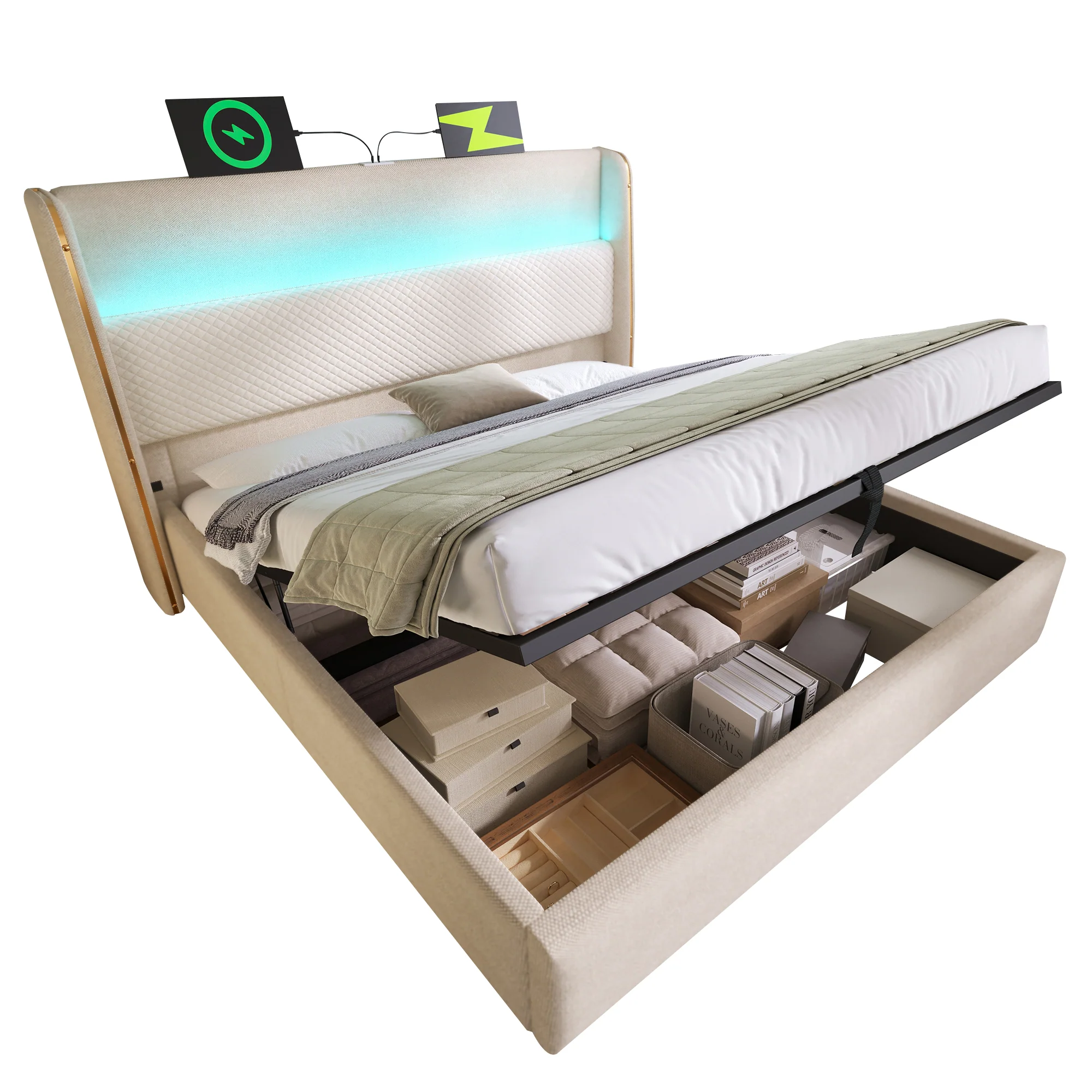 Modern Hydraulic Bed 180x200cm, High Headboard LED, Storage, USB/Type-C Ports, Linen Look Beige - Image 7