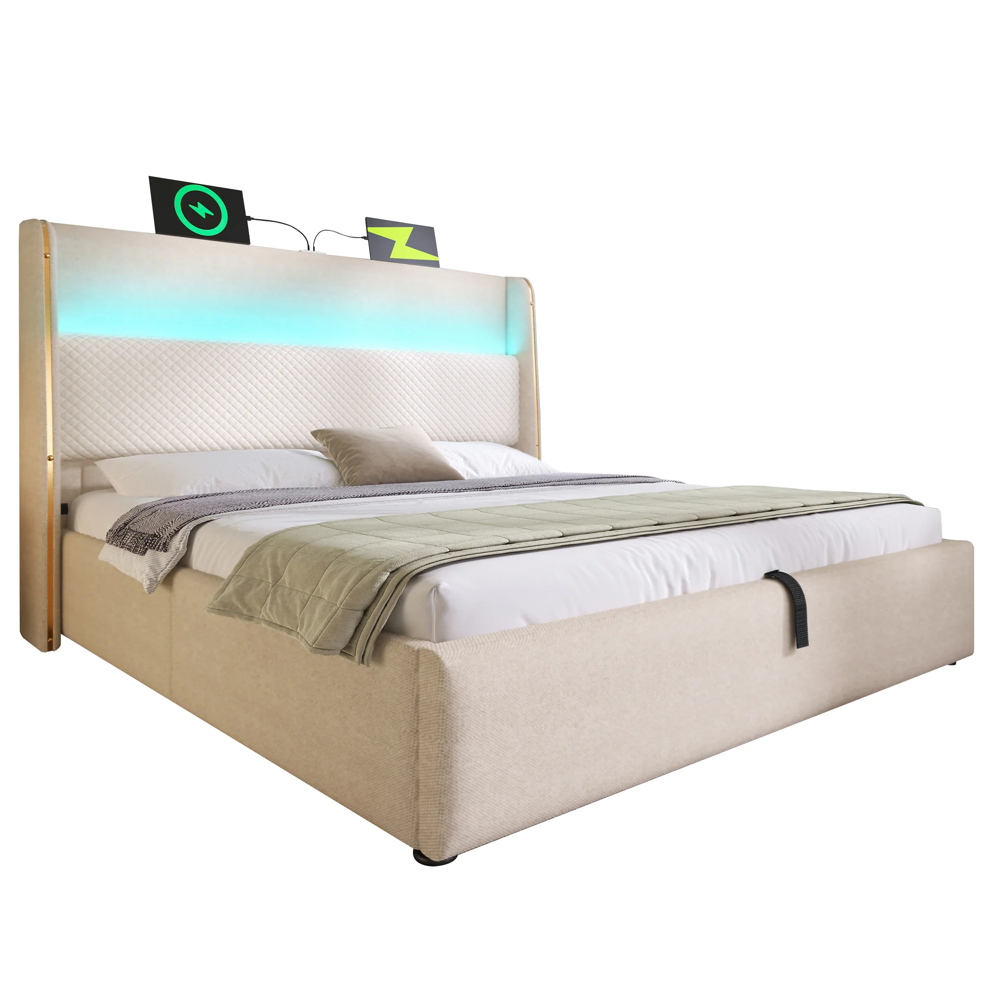 Modern Hydraulic Bed 180x200cm, High Headboard LED, Storage, USB/Type-C Ports, Linen Look Beige - Image 8