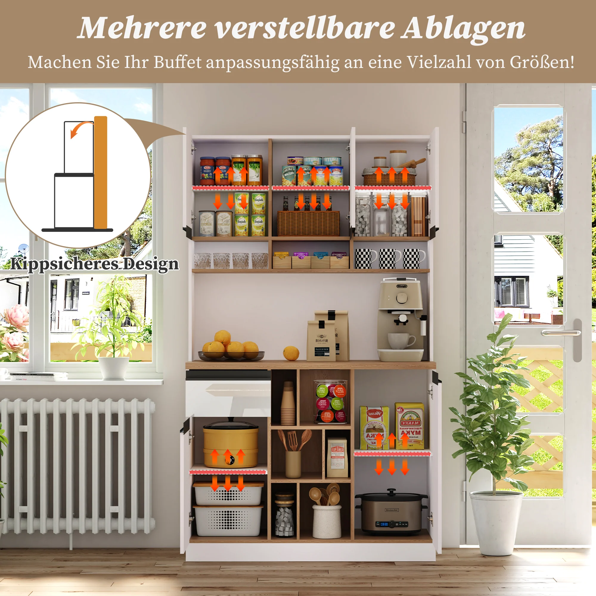 Modern Kitchen Cabinet with Drawers Adjustable Shelves Open Storage - White - Image 2