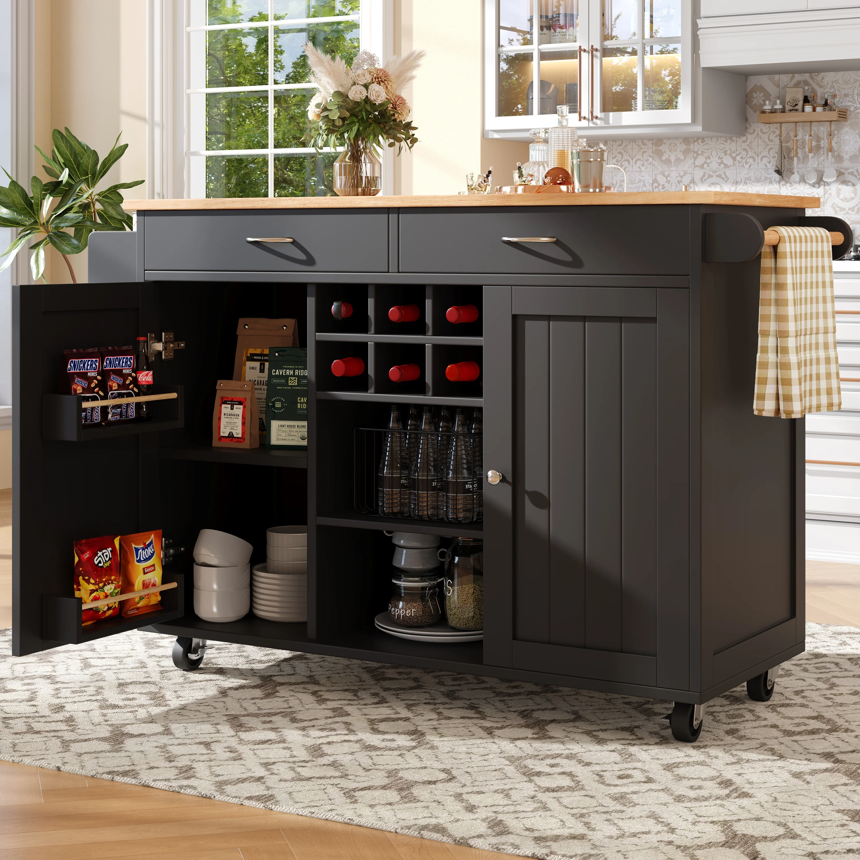 Modern Kitchen Island 102cm Dining Cart Storage - Black - Image 2