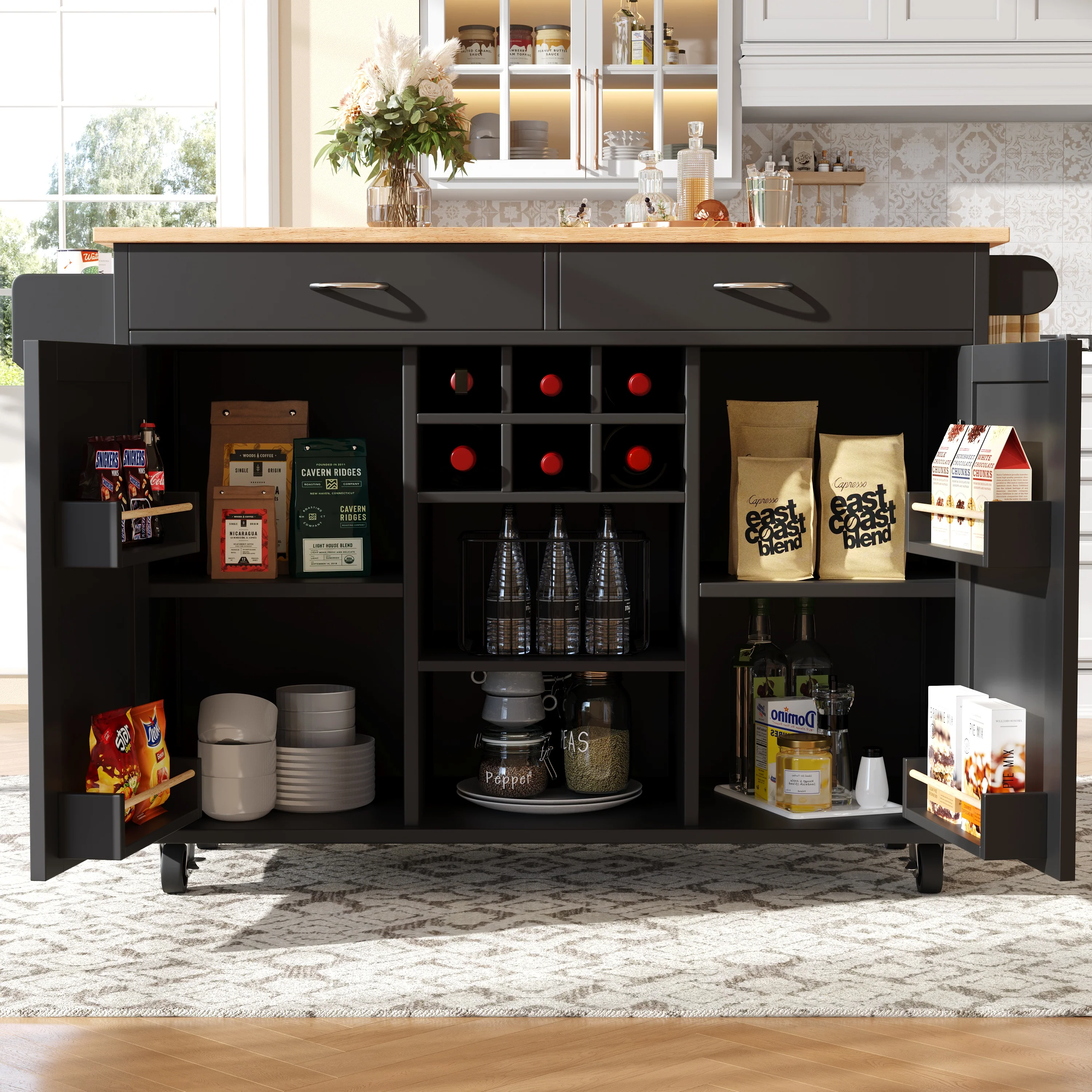 Modern Kitchen Island 102cm Dining Cart Storage - Black - Image 3