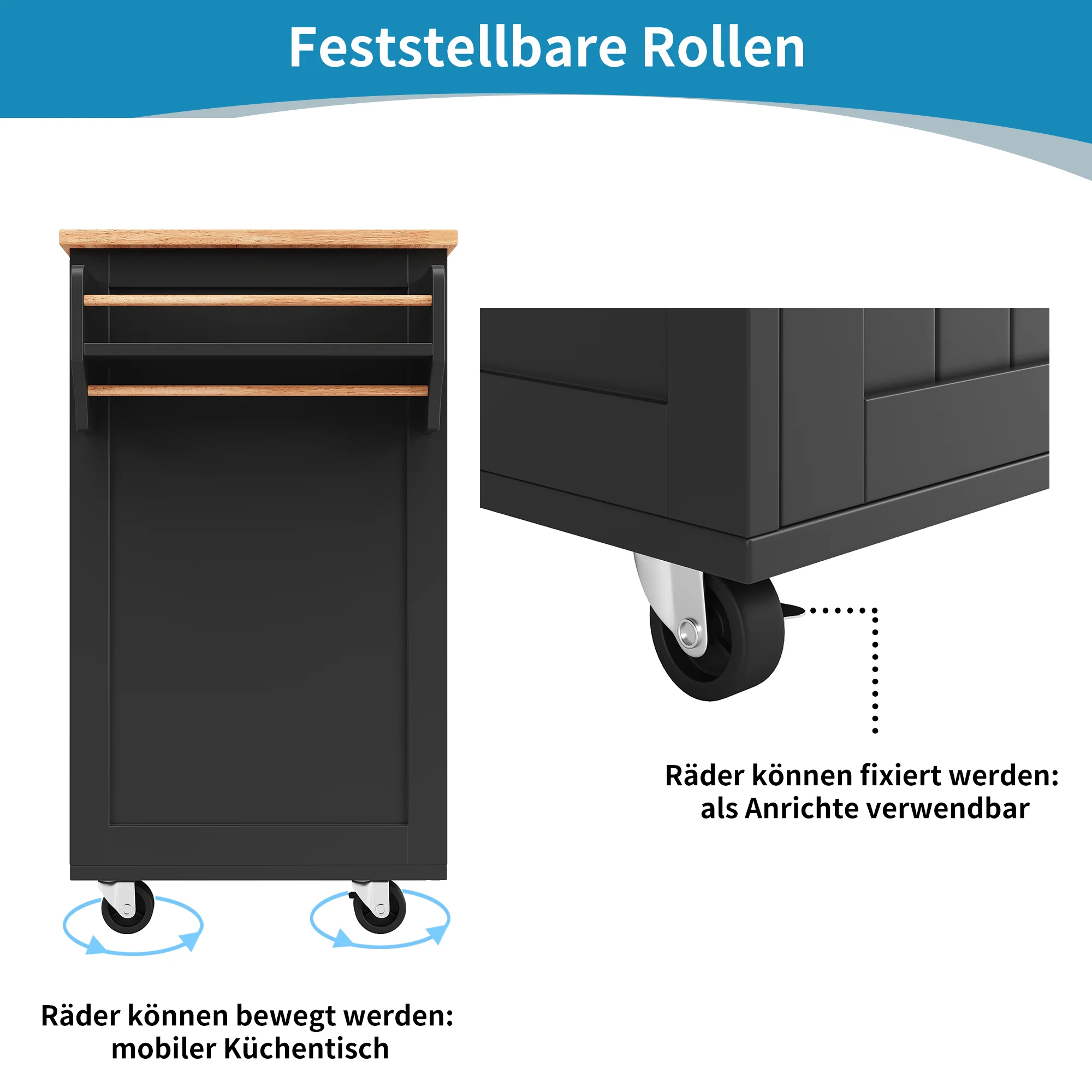 Modern Kitchen Island 102cm Dining Cart Storage - Black - Image 6