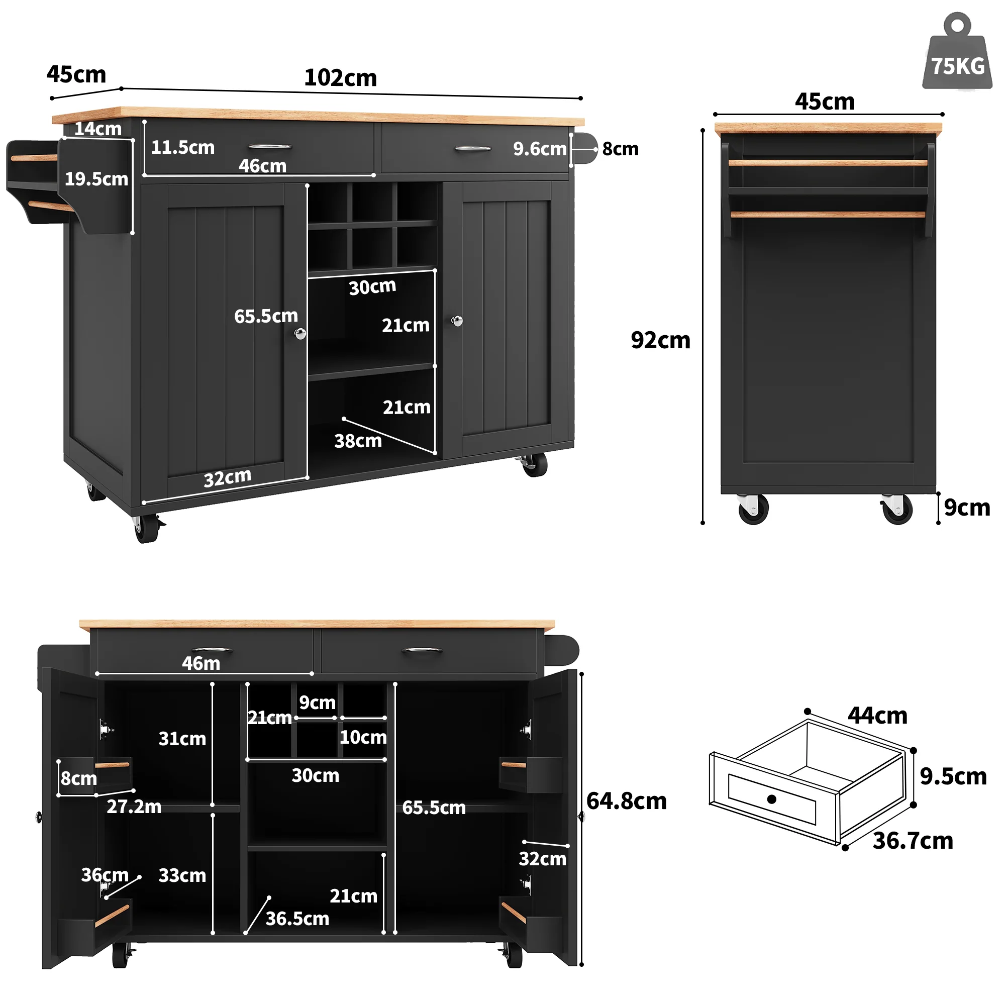 Modern Kitchen Island 102cm Dining Cart Storage - Black - Image 7