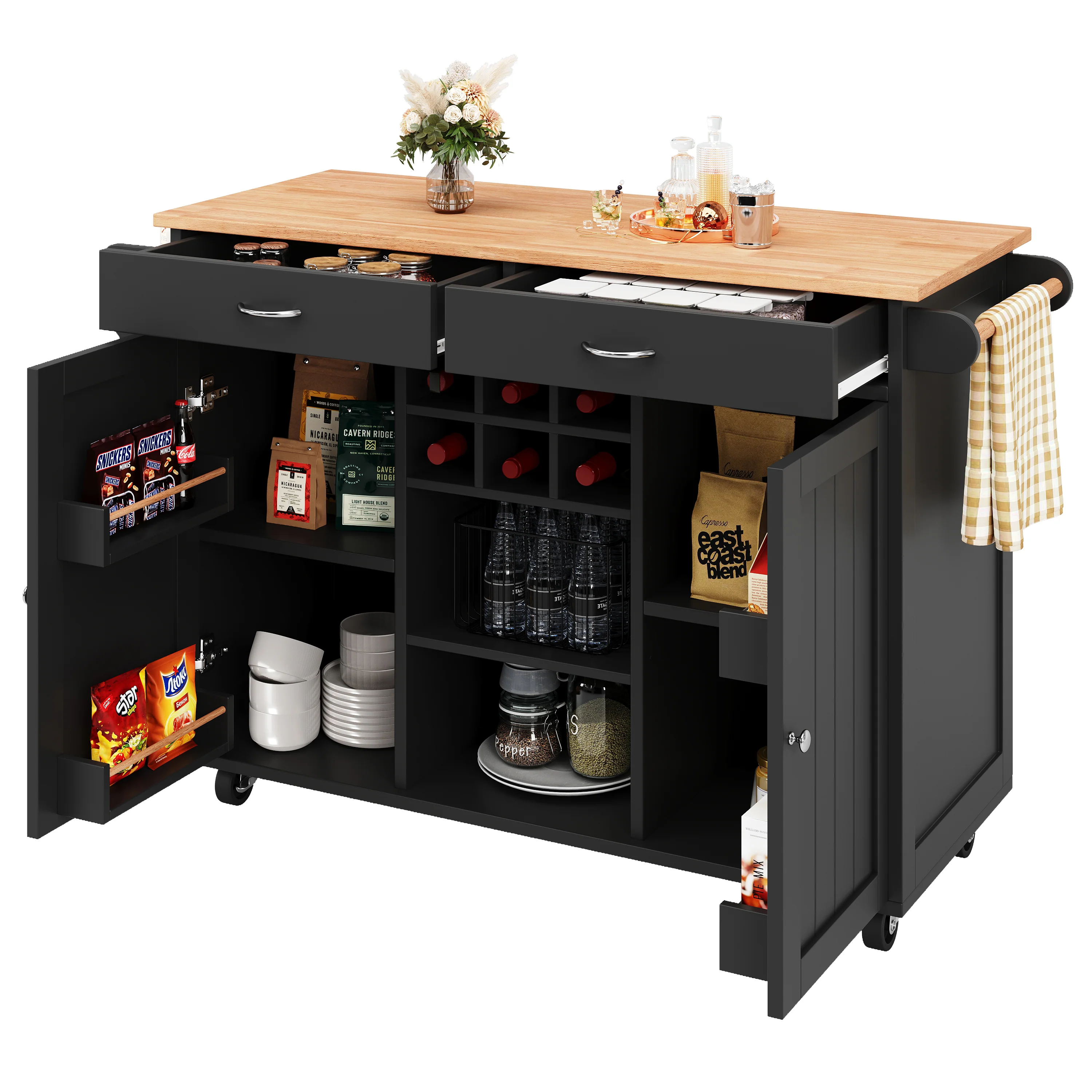 Modern Kitchen Island 102cm Dining Cart Storage - Black - Image 8