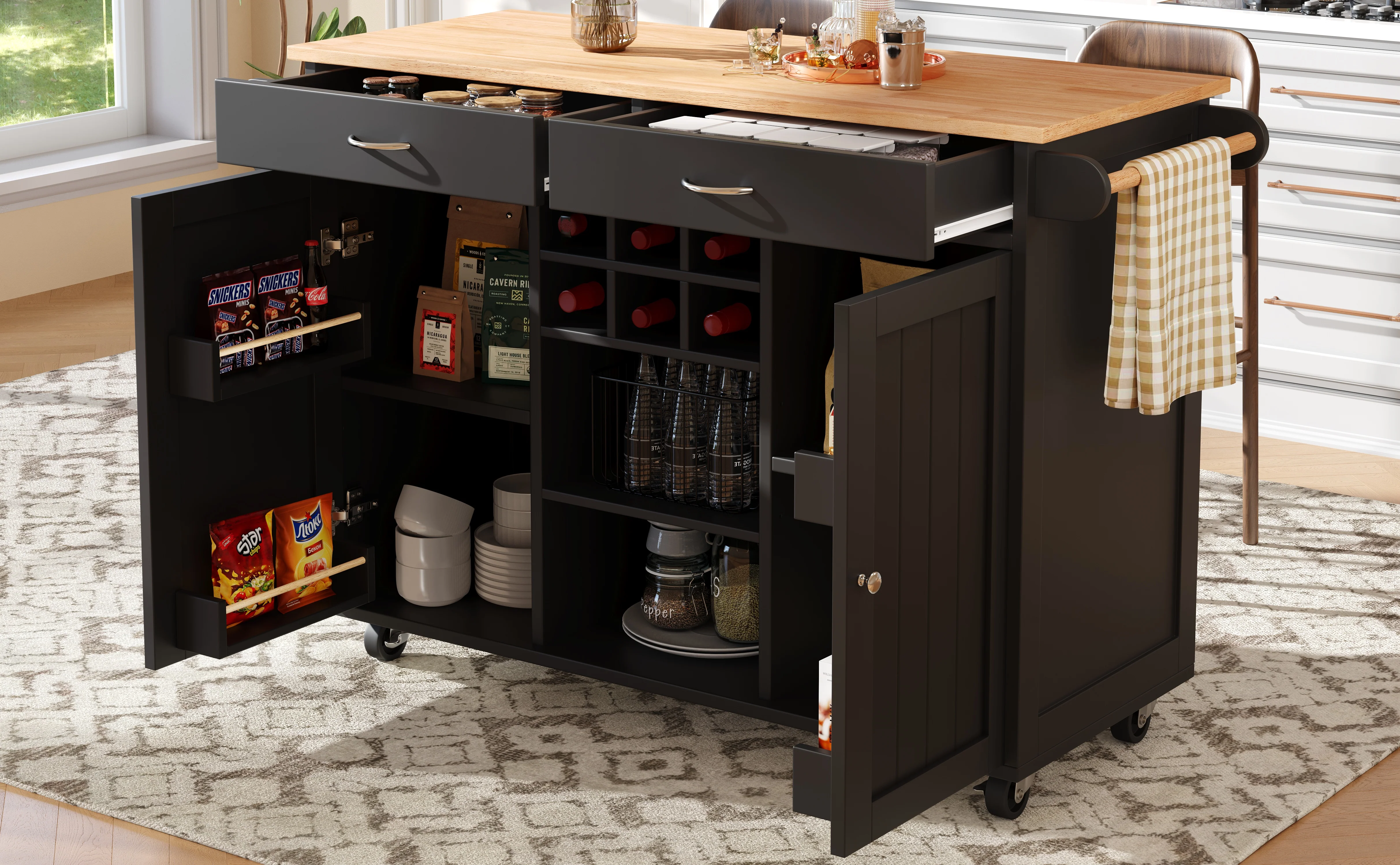 Modern Kitchen Island 102cm Dining Cart Storage - Black - Image 9