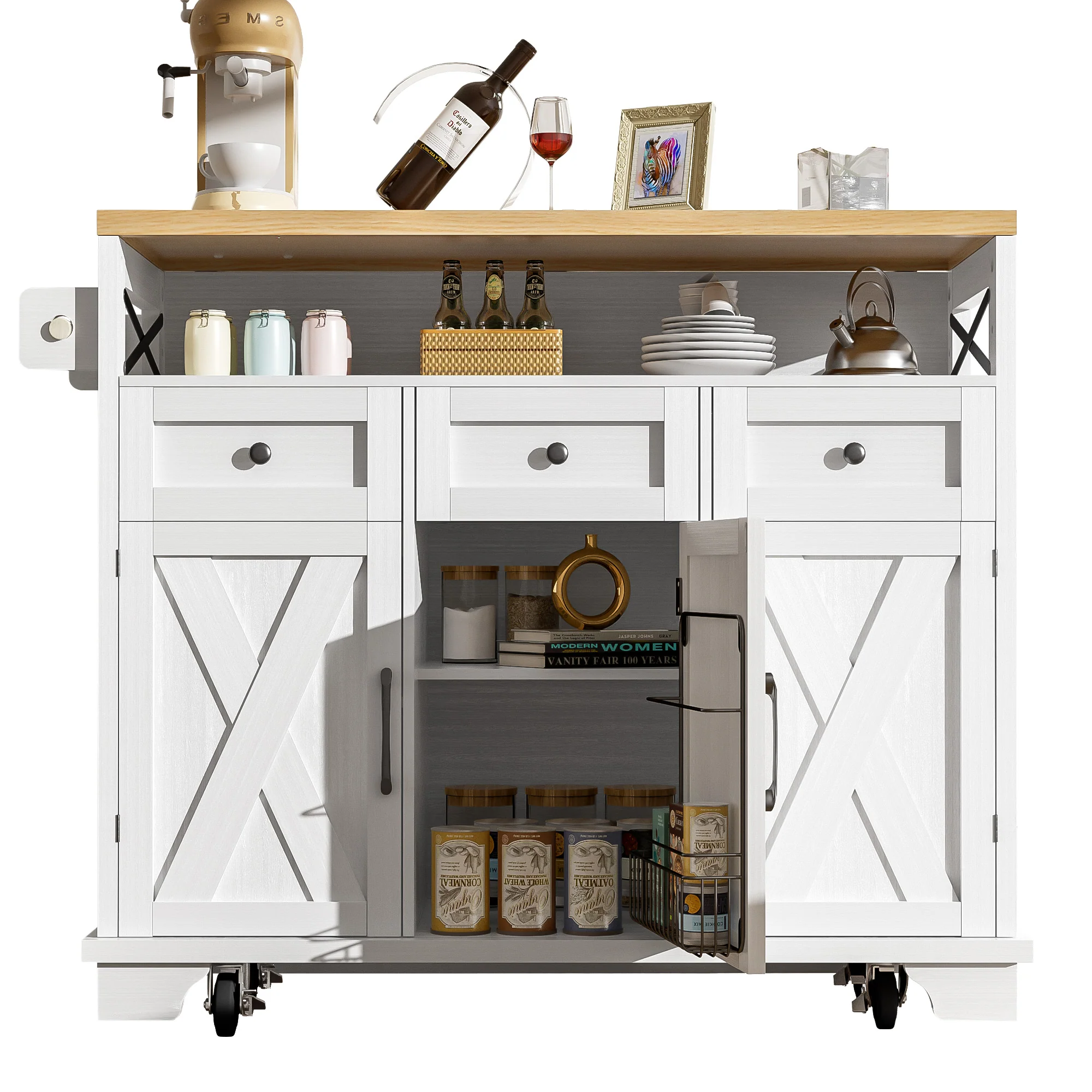 Modern Kitchen Island 118x43x98cm Mobile Storage Towel Rail - White - Image 10