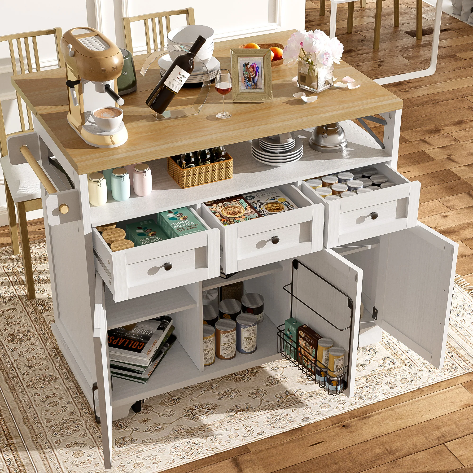 Modern Kitchen Island 118x43x98cm Mobile Storage Towel Rail - White - Image 2