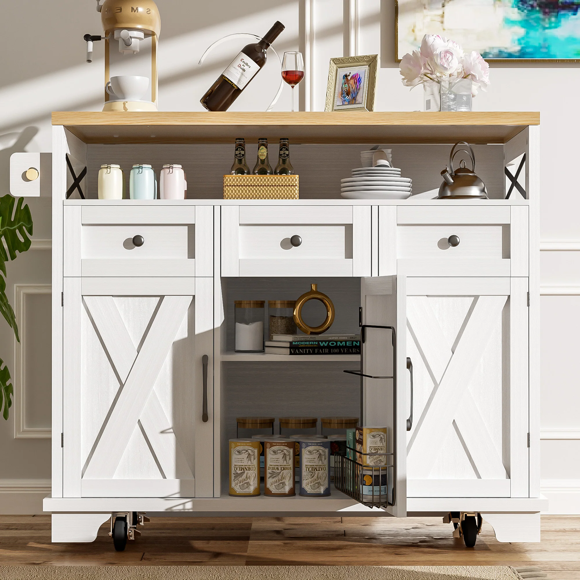 Modern Kitchen Island 118x43x98cm Mobile Storage Towel Rail - White - Image 3