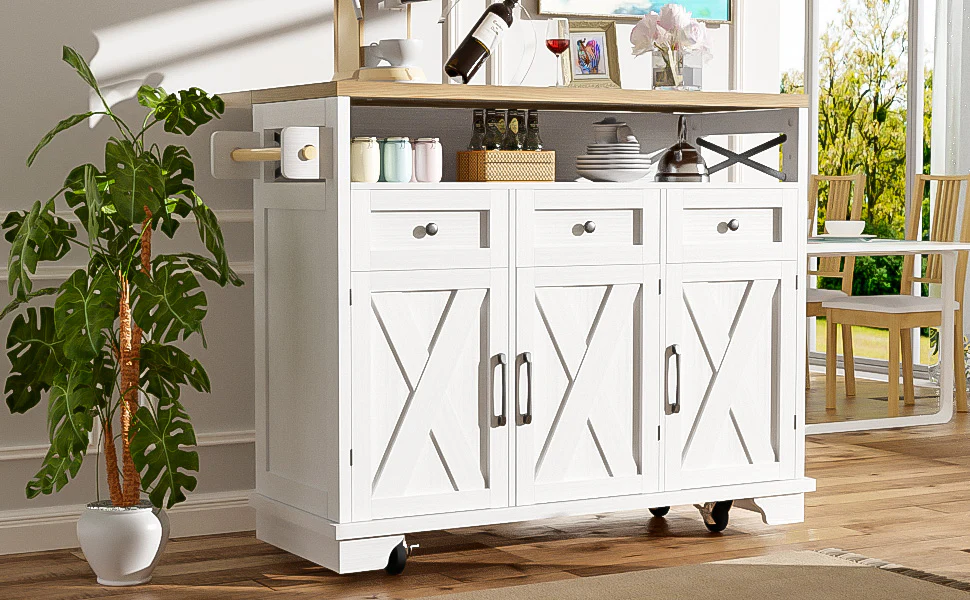 Modern Kitchen Island 118x43x98cm Mobile Storage Towel Rail - White - Image 4