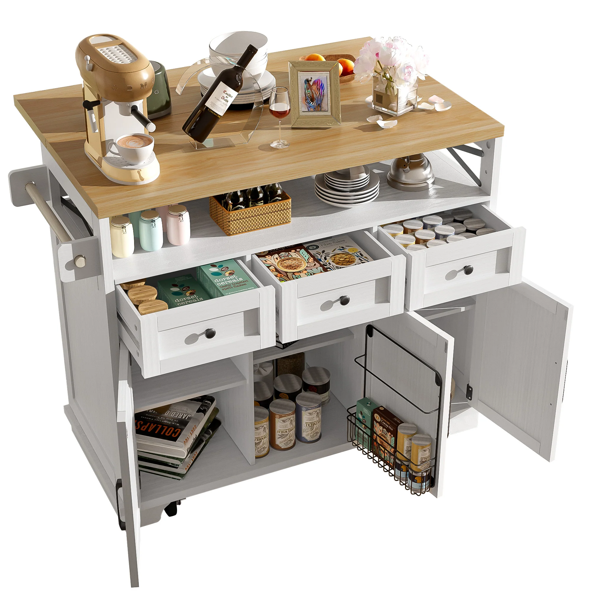 Modern Kitchen Island 118x43x98cm Mobile Storage Towel Rail - White - Image 8