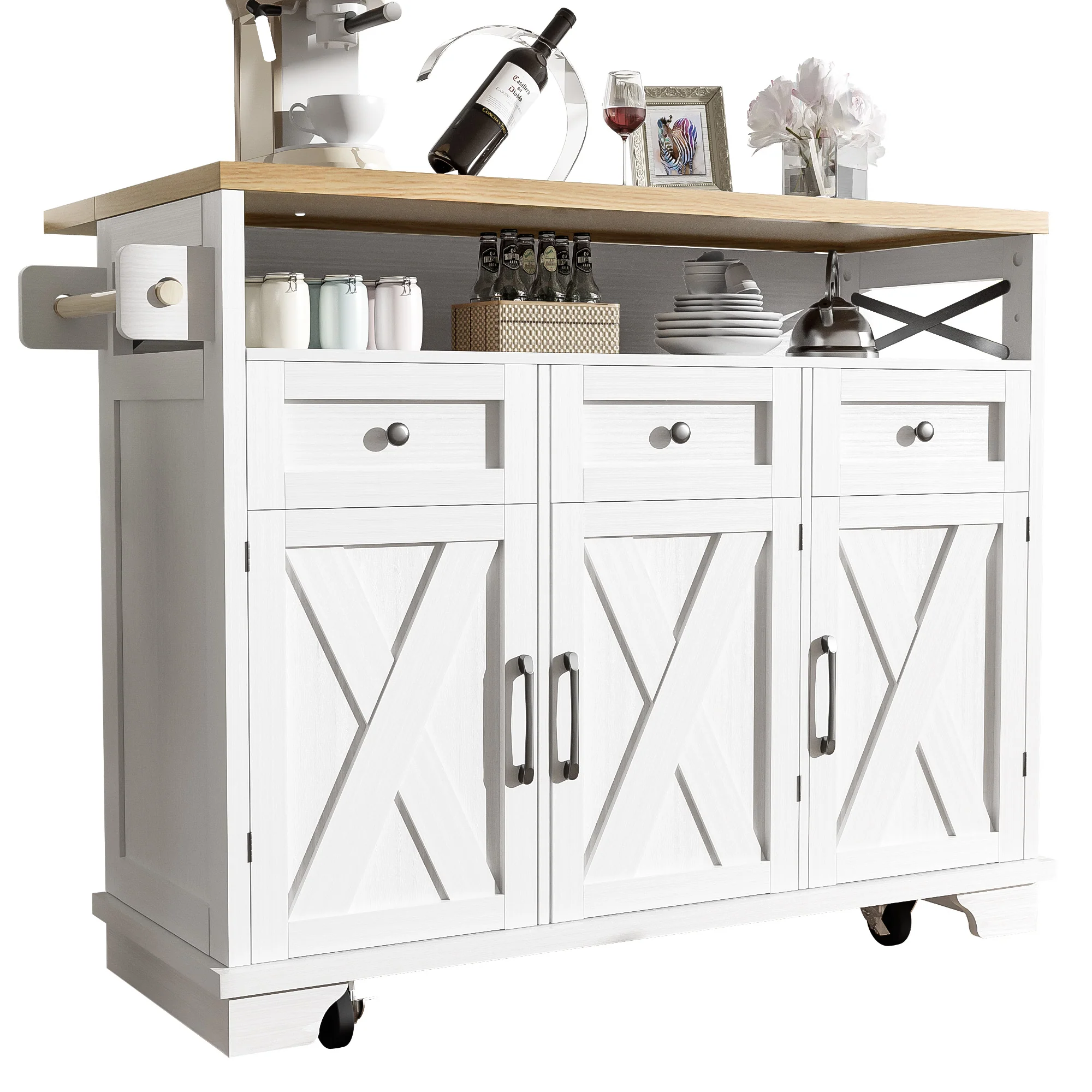 Modern Kitchen Island 118x43x98cm Mobile Storage Towel Rail - White - Image 9