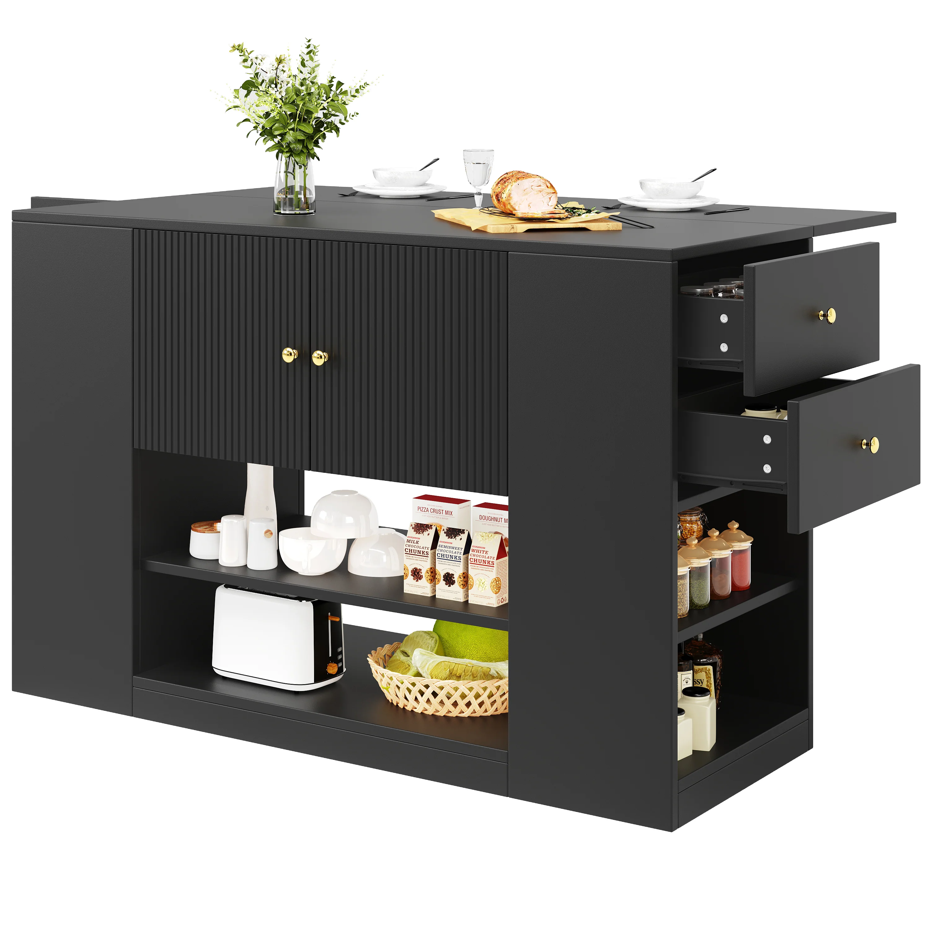 Modern Kitchen Island Cabinet Drawers Shelves Buffet Storage - Black - Image 10