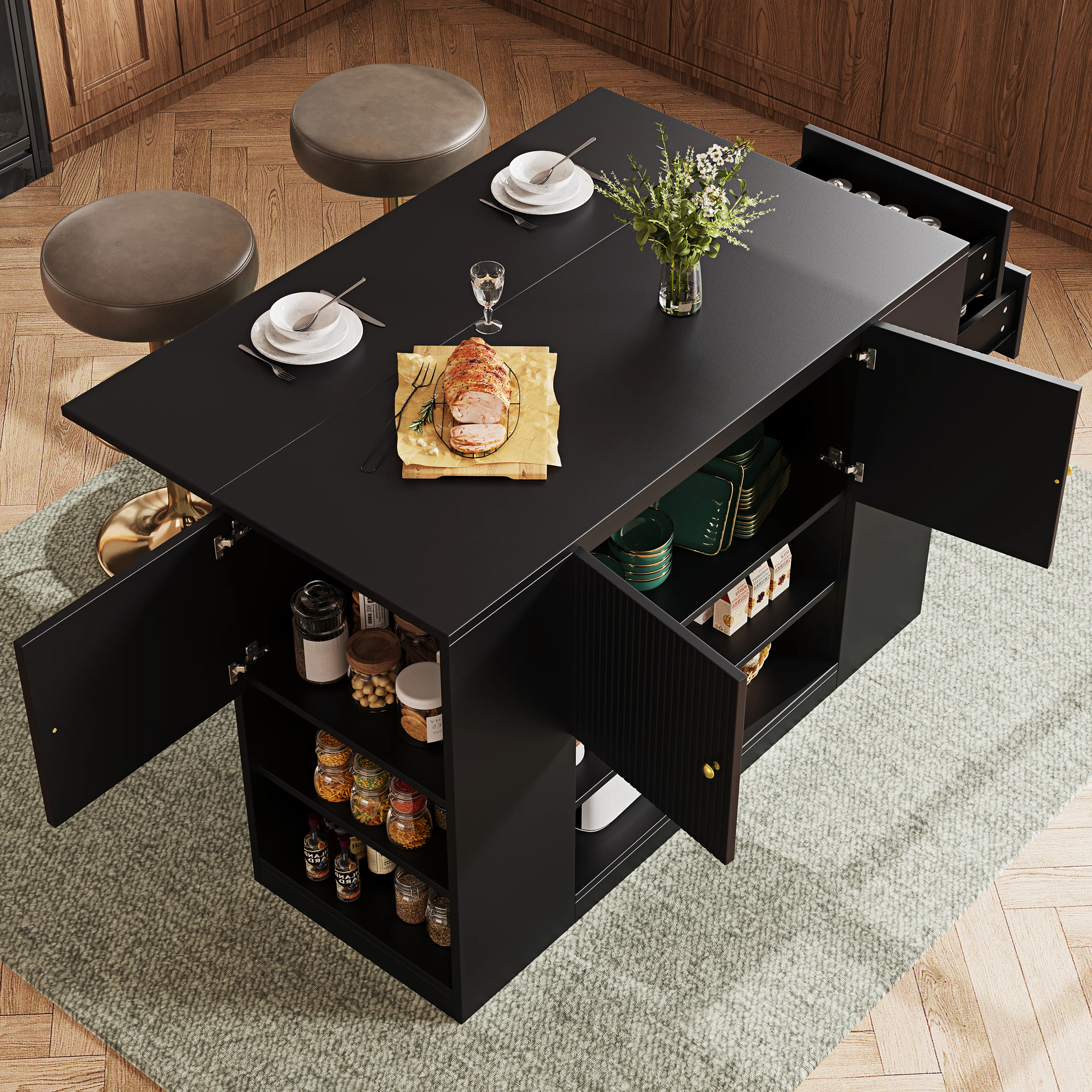 Modern Kitchen Island Cabinet Drawers Shelves Buffet Storage - Black - Image 3