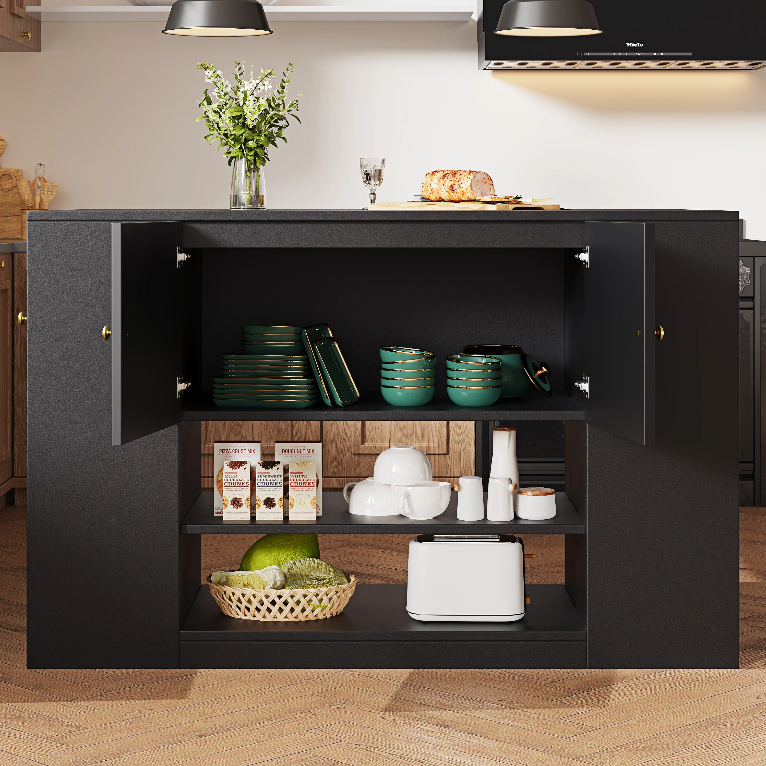 Modern Kitchen Island Cabinet Drawers Shelves Buffet Storage - Black - Image 4