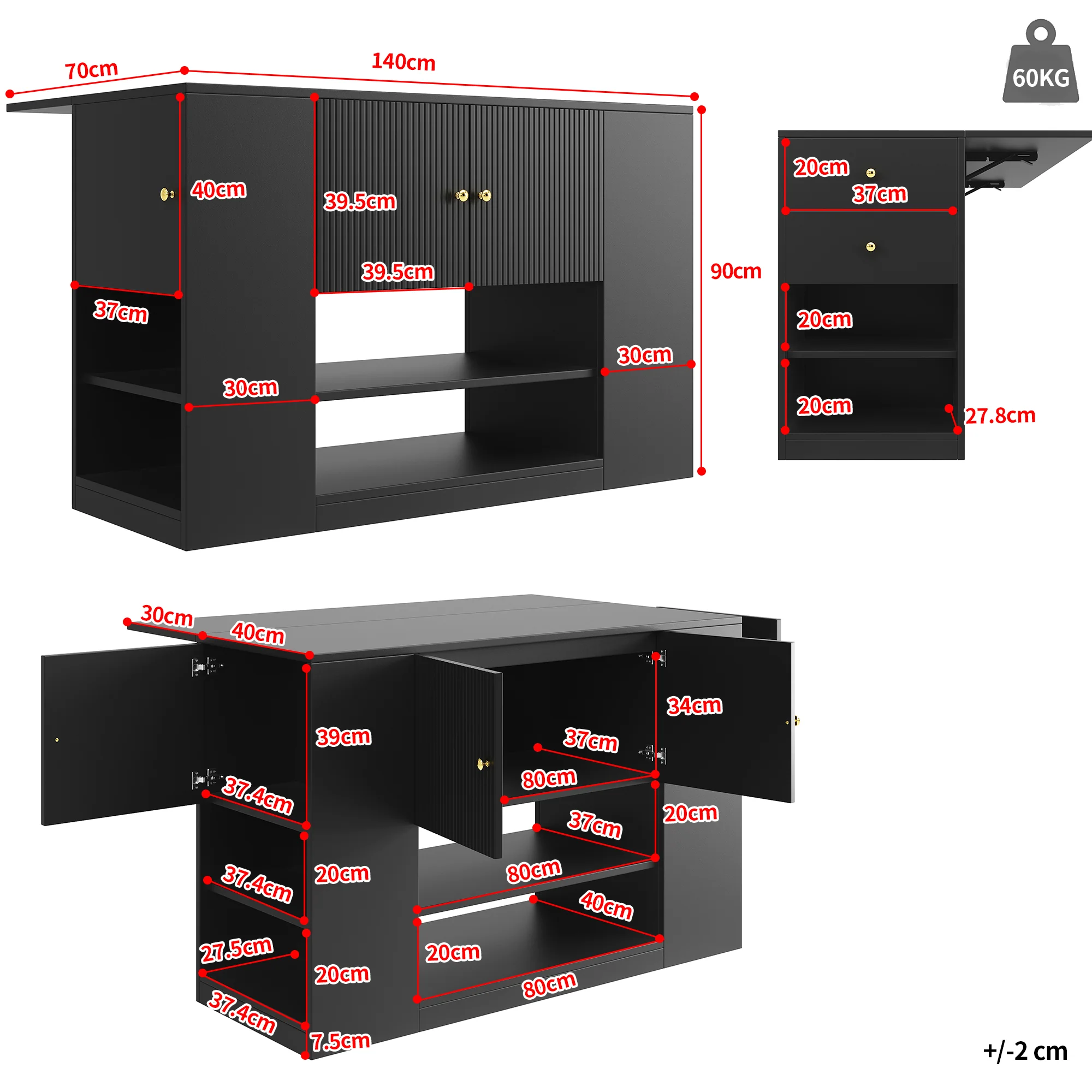 Modern Kitchen Island Cabinet Drawers Shelves Buffet Storage - Black - Image 5