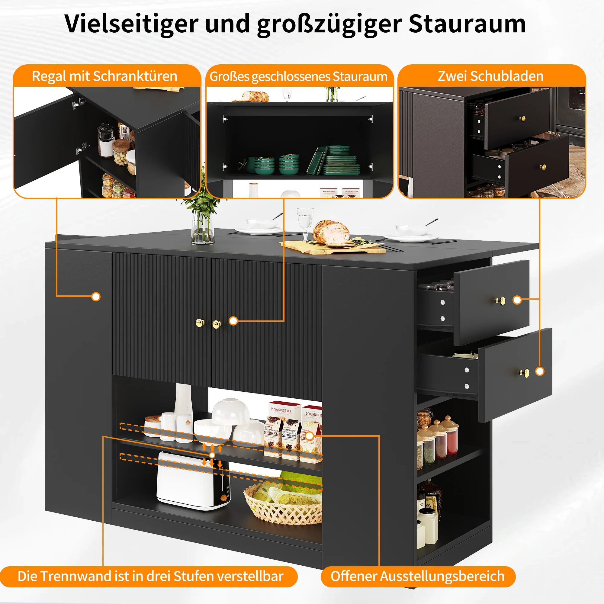 Modern Kitchen Island Cabinet Drawers Shelves Buffet Storage - Black - Image 7