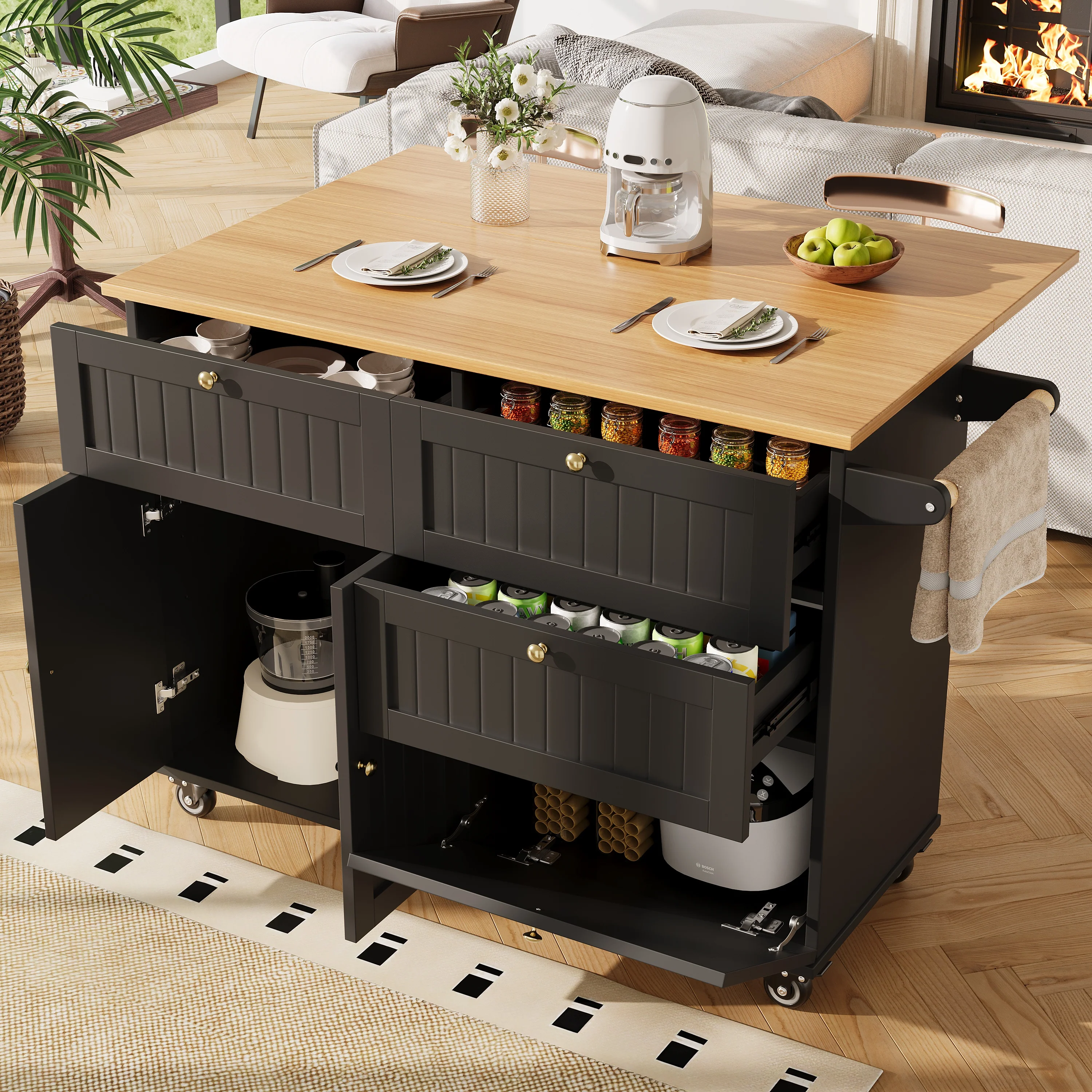 Modern Kitchen Island Dining Table Multifunctional with Storage Wood Grain Black - Image 2