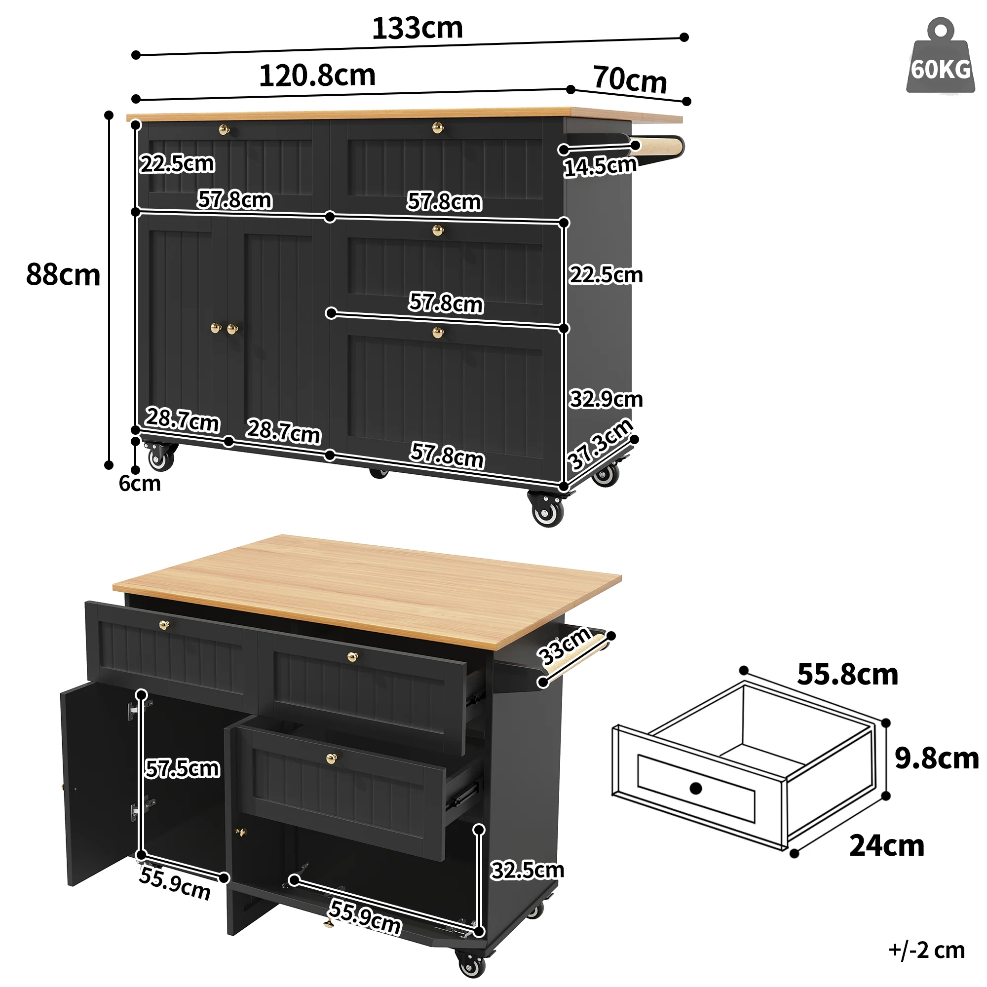 Modern Kitchen Island Dining Table Multifunctional with Storage Wood Grain Black - Image 3