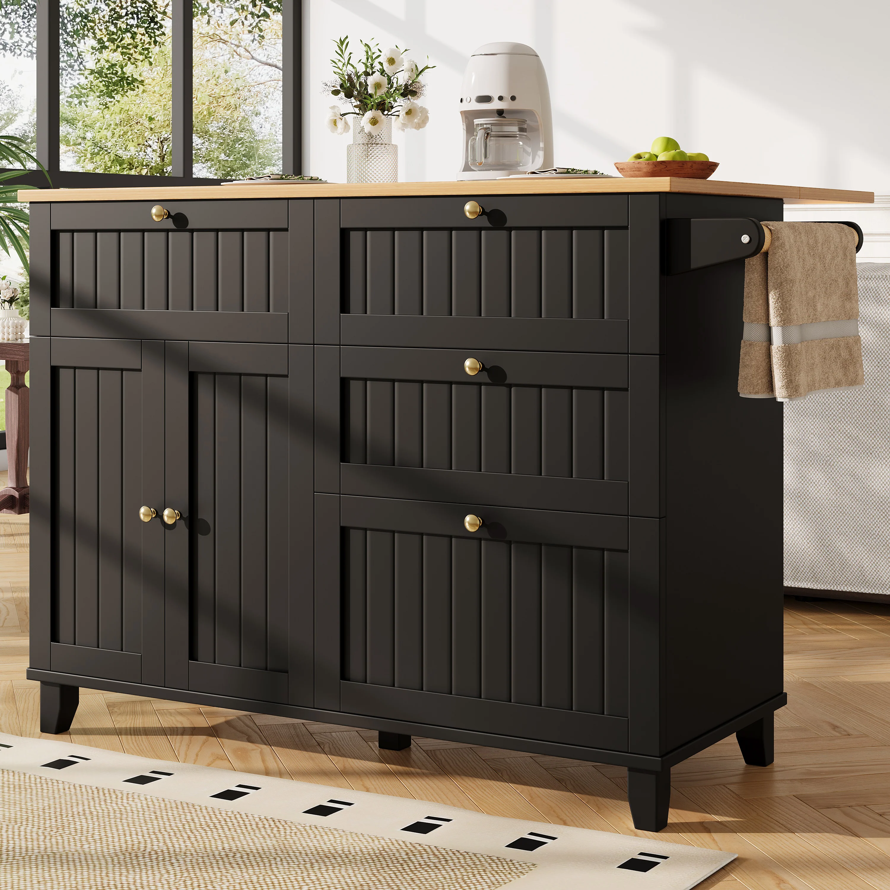 Modern Kitchen Island Dining Table Multifunctional with Storage Wood Grain Black - Image 4