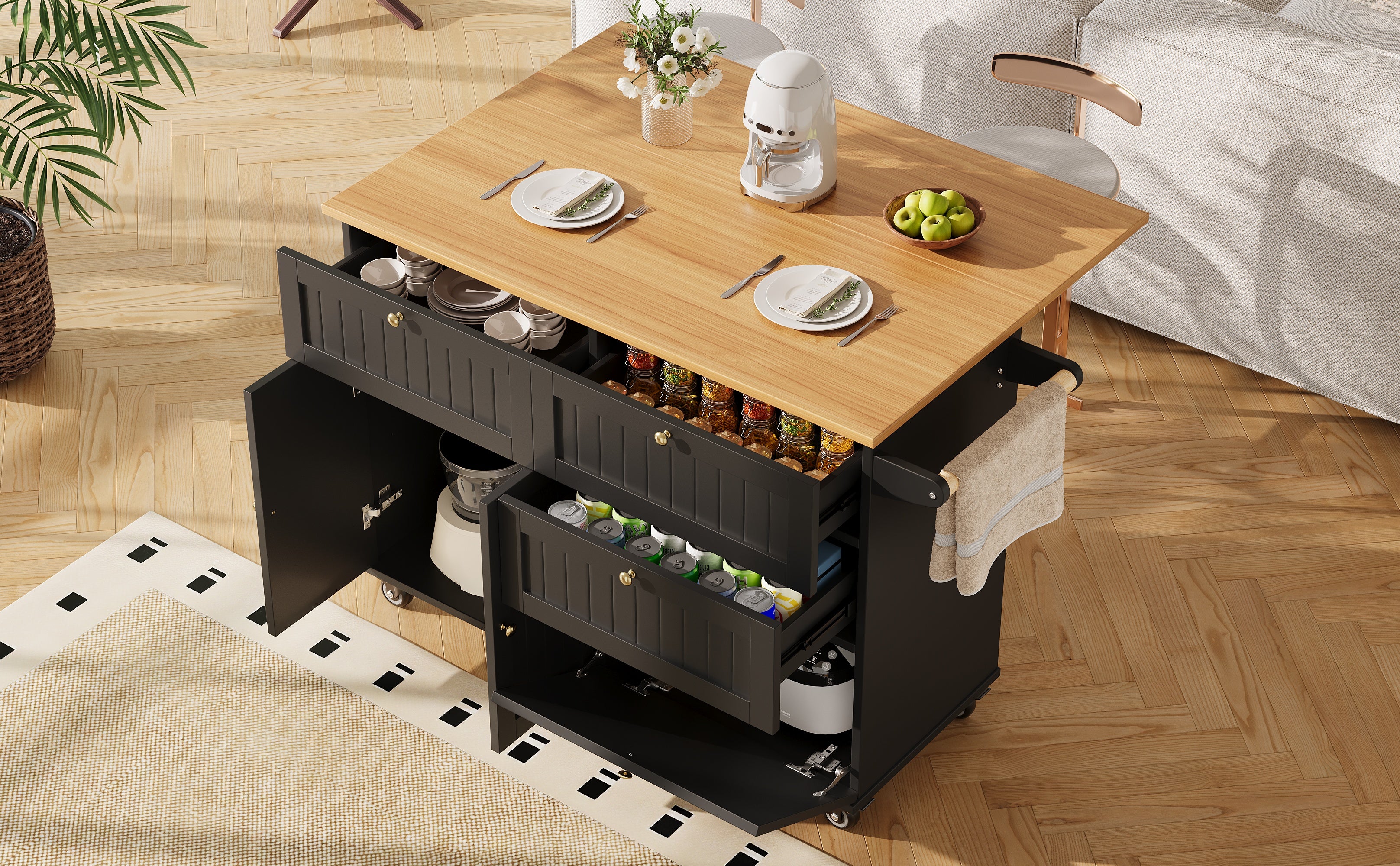 Modern Kitchen Island Dining Table Multifunctional with Storage Wood Grain Black - Image 6