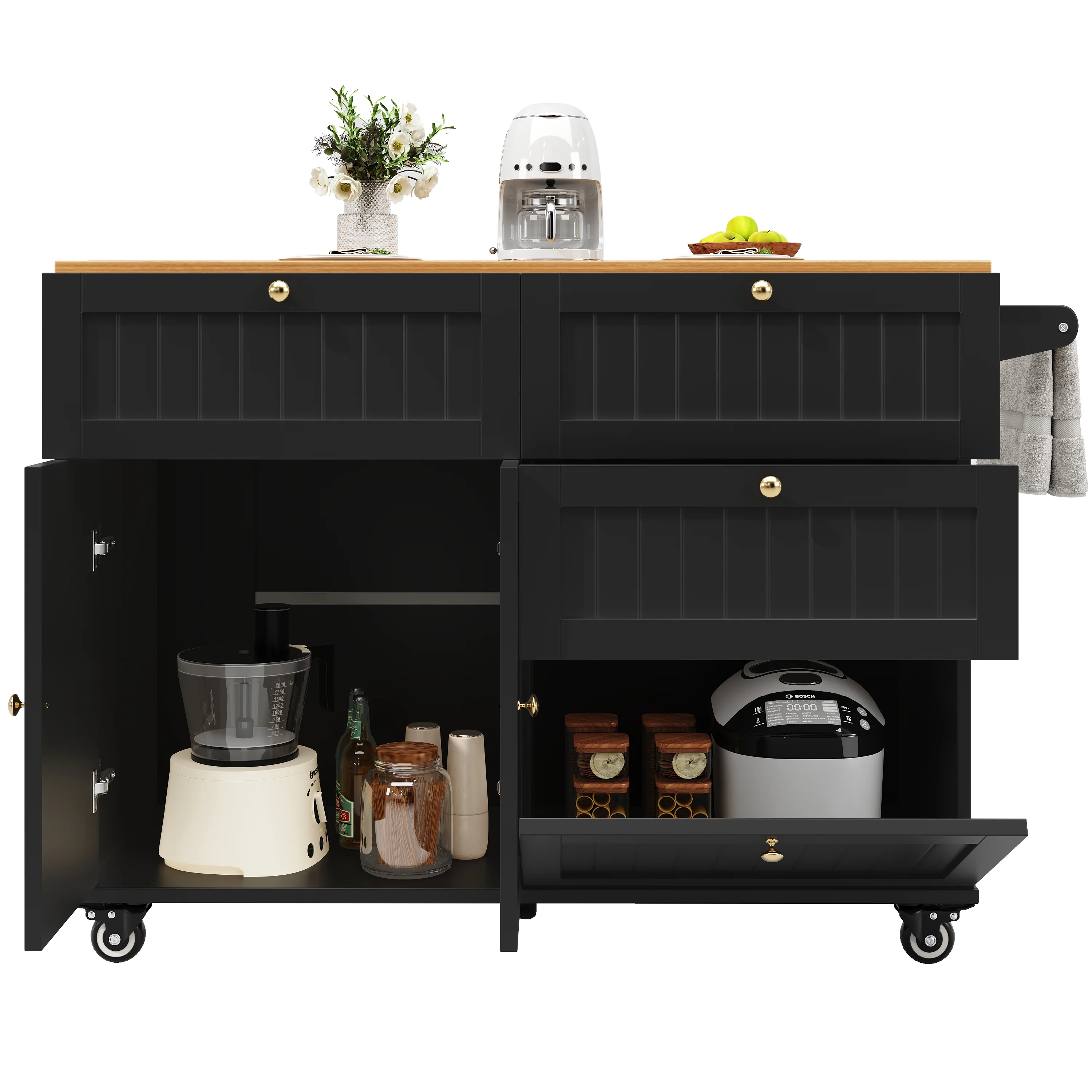Modern Kitchen Island Dining Table Multifunctional with Storage Wood Grain Black - Image 8