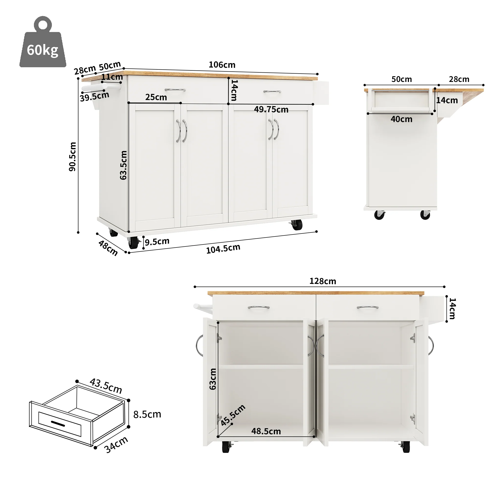 Modern Kitchen Island Dining Table Storage 106cm - White - Image 4