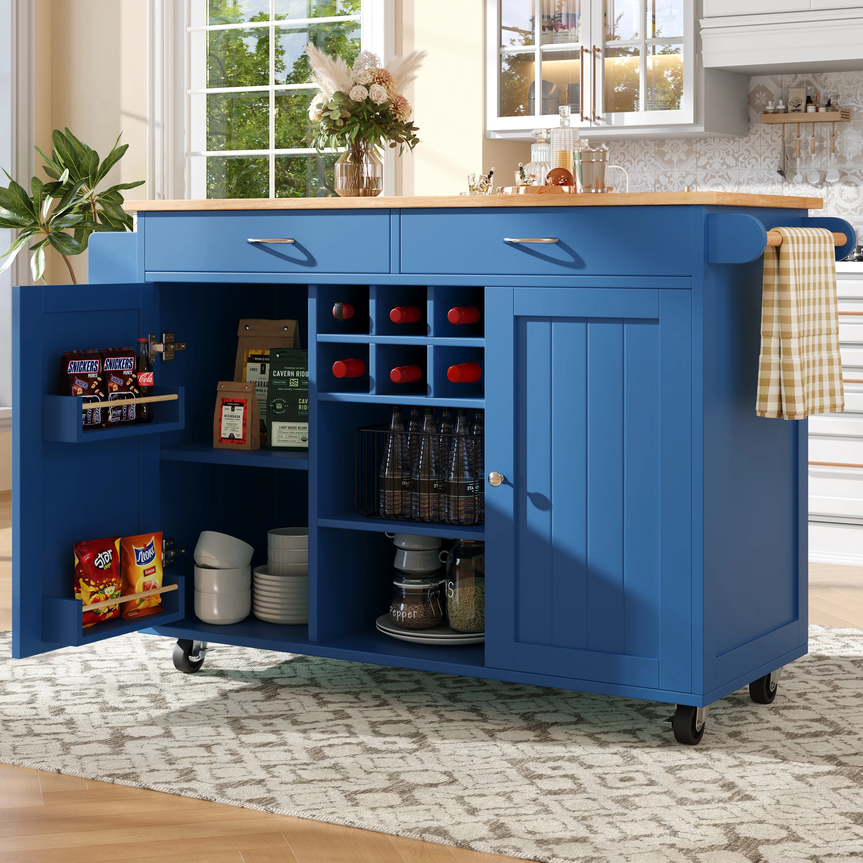 Modern Kitchen Island Dining Table Storage Wood Grain - Blue - Image 2
