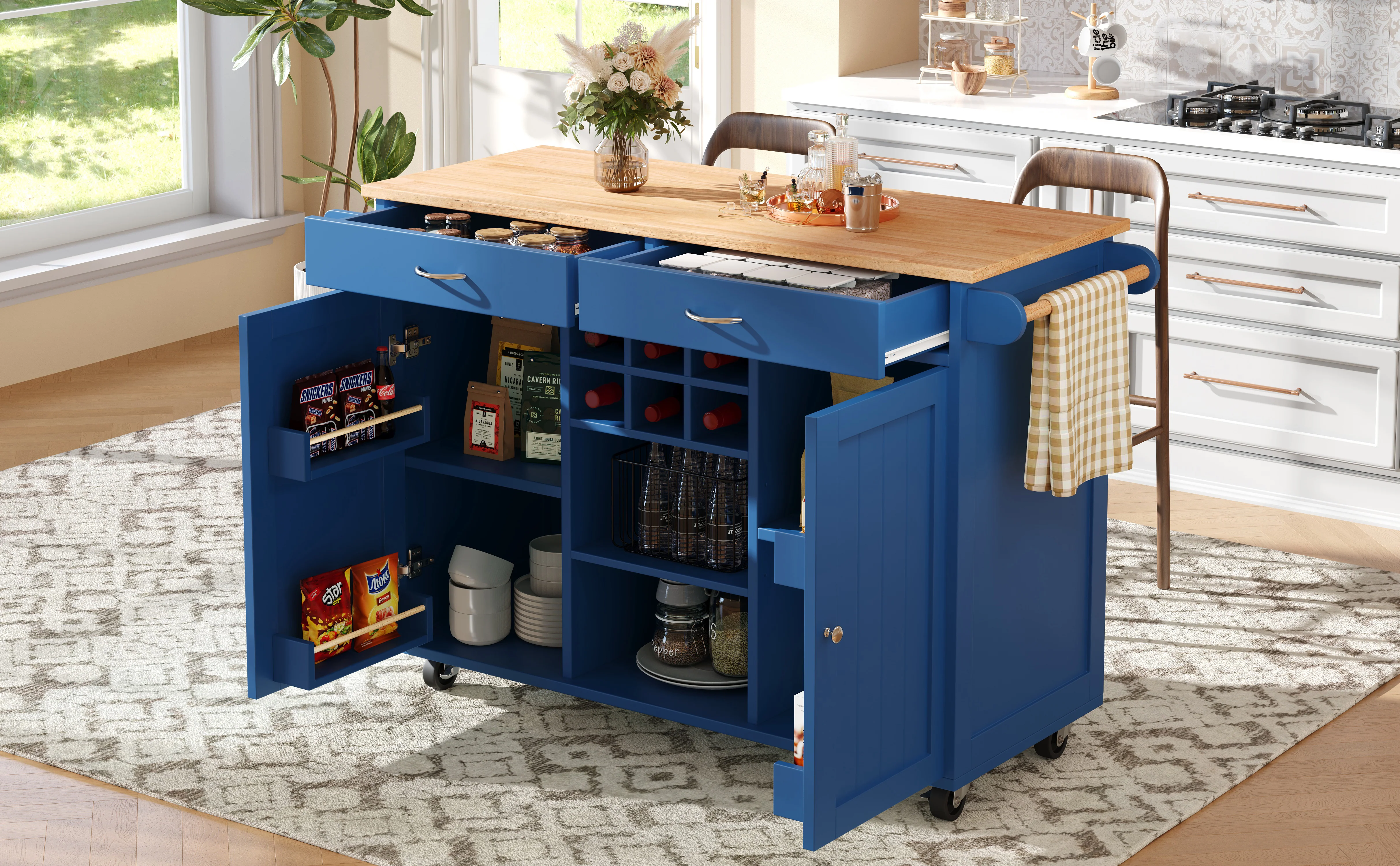 Modern Kitchen Island Dining Table Storage Wood Grain - Blue - Image 4