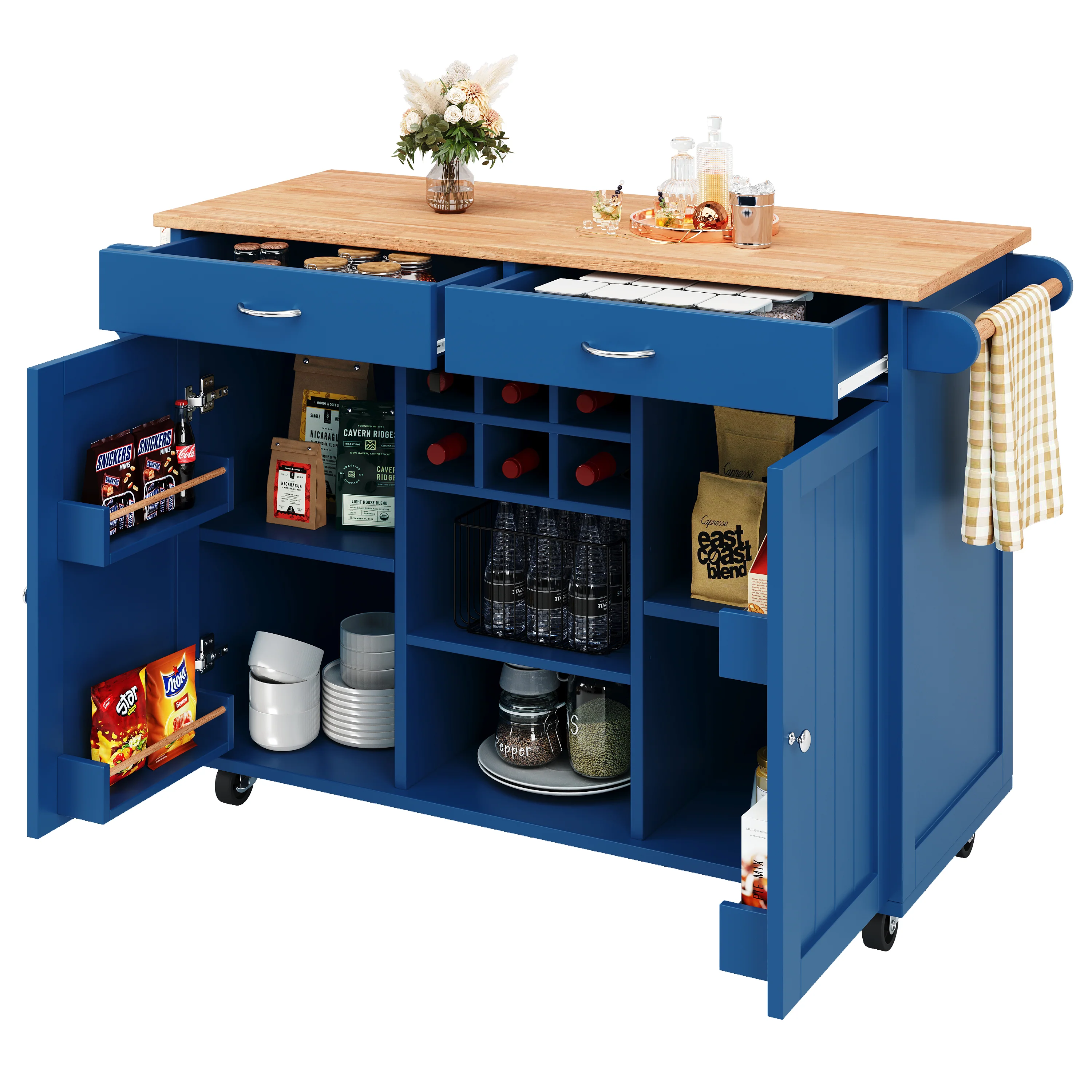 Modern Kitchen Island Dining Table Storage Wood Grain - Blue - Image 7
