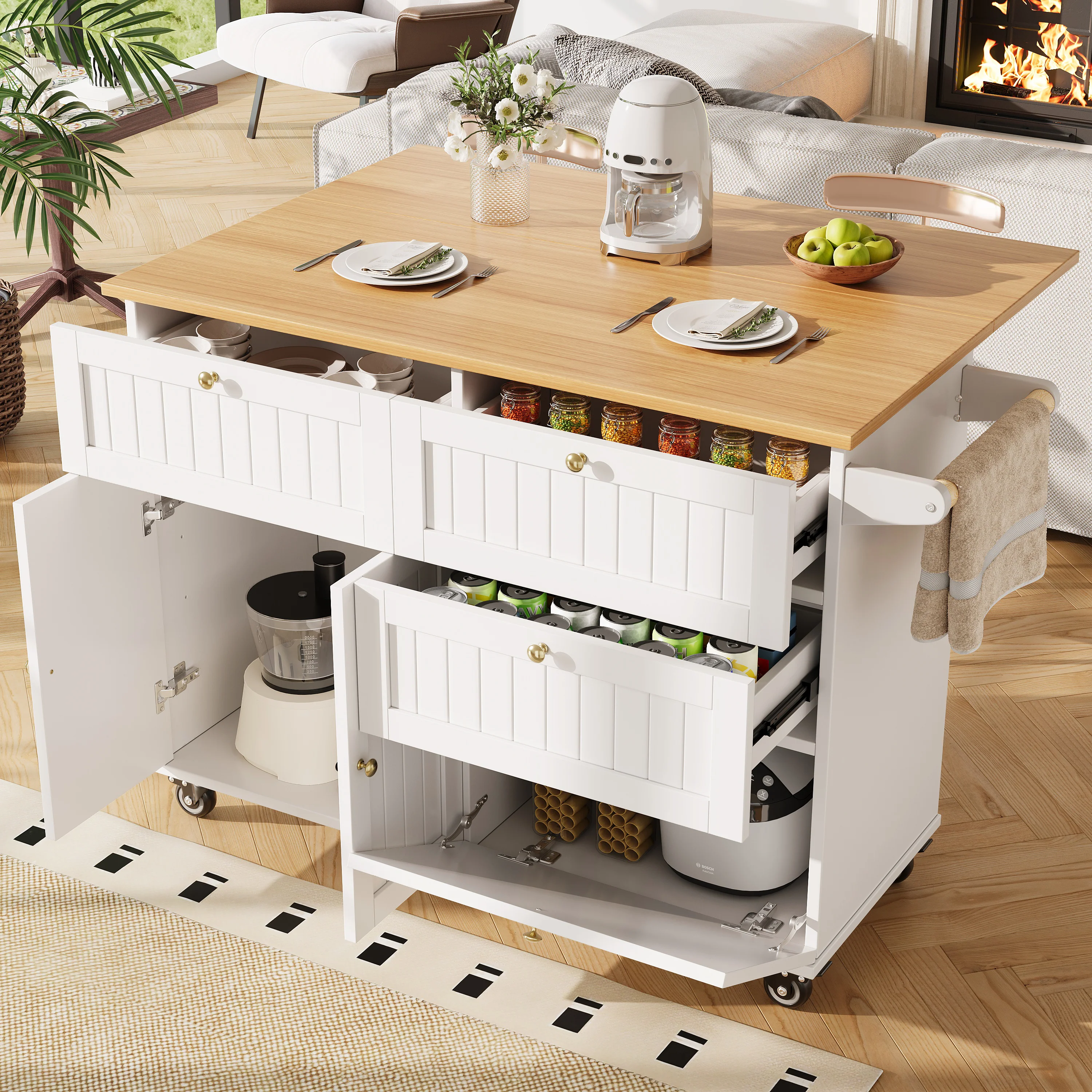 Modern Kitchen Island Extendable Dining Table Storage & Mobile - White - Image 2