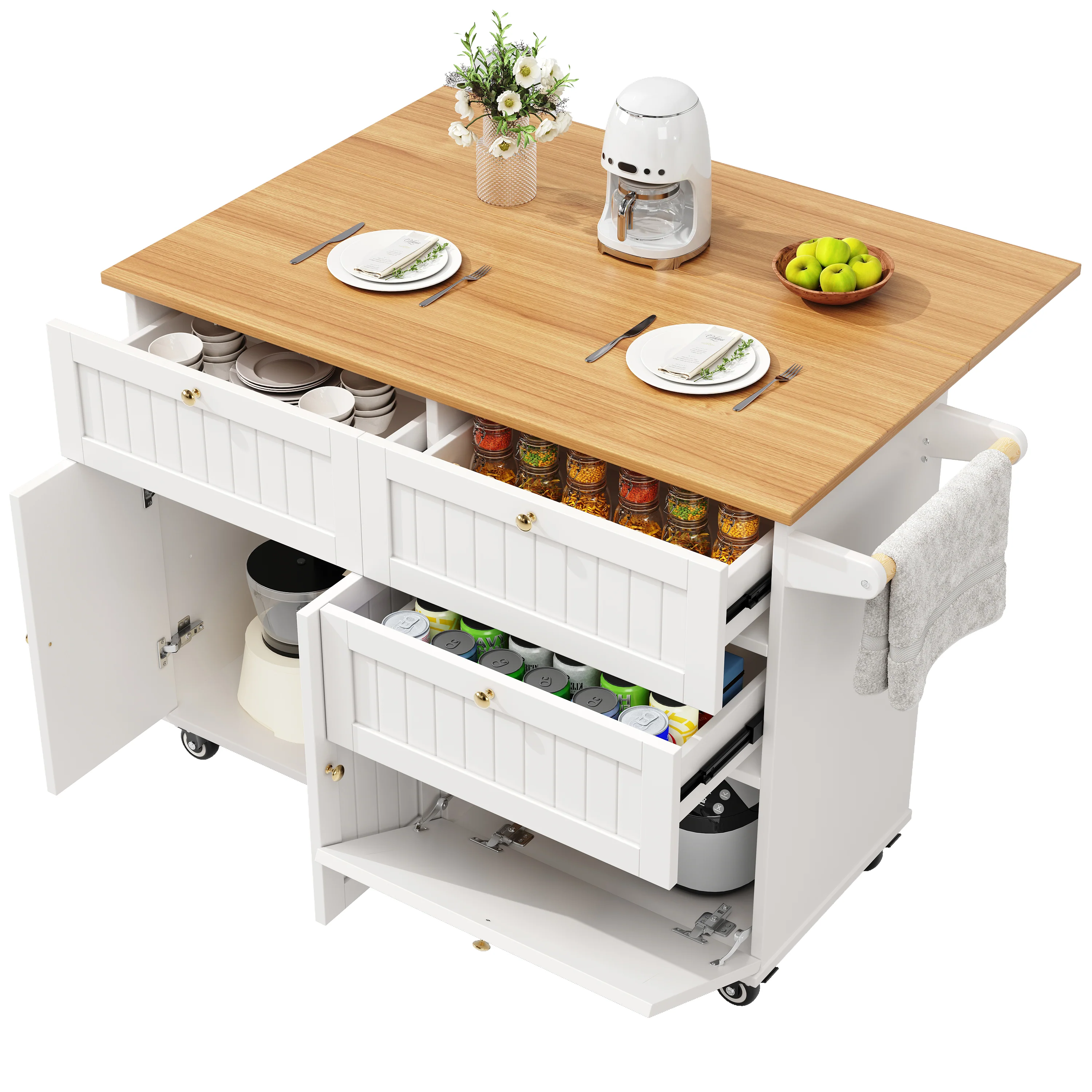 Modern Kitchen Island Extendable Dining Table Storage & Mobile - White - Image 5