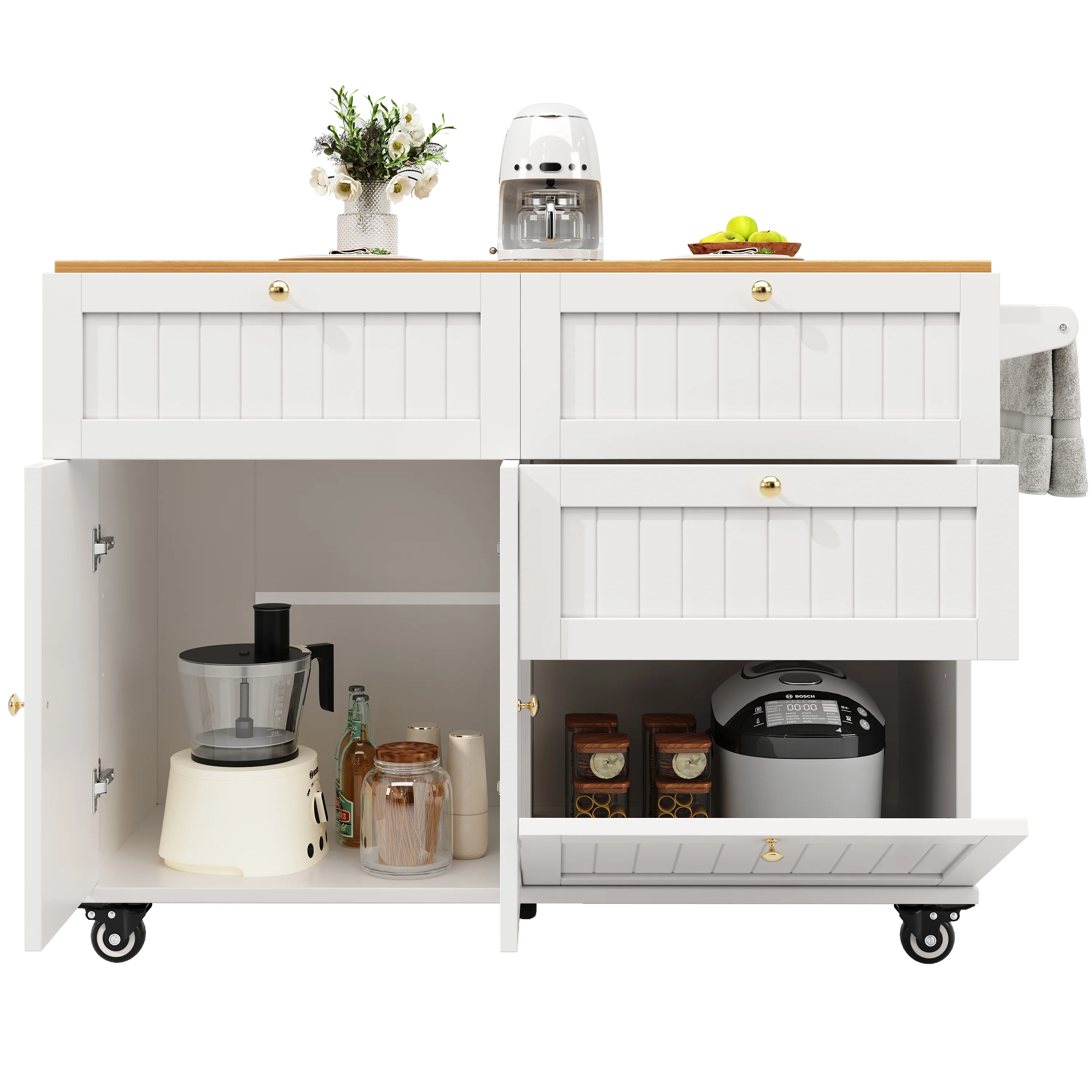 Modern Kitchen Island Extendable Dining Table Storage & Mobile - White - Image 8