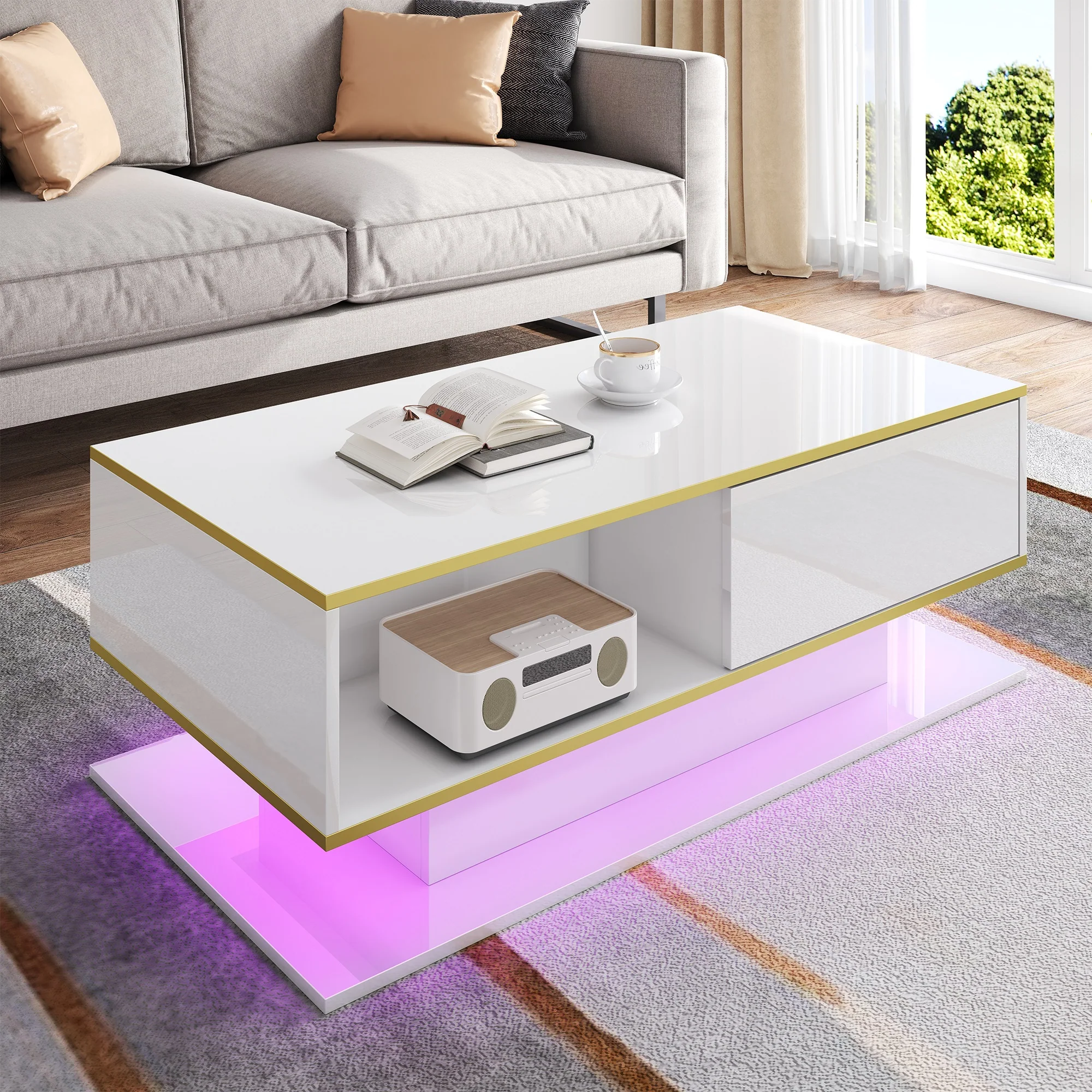 Modern LED Coffee Table 100cm High-Gloss 3 Drawers USB Gold Trim - Image 3