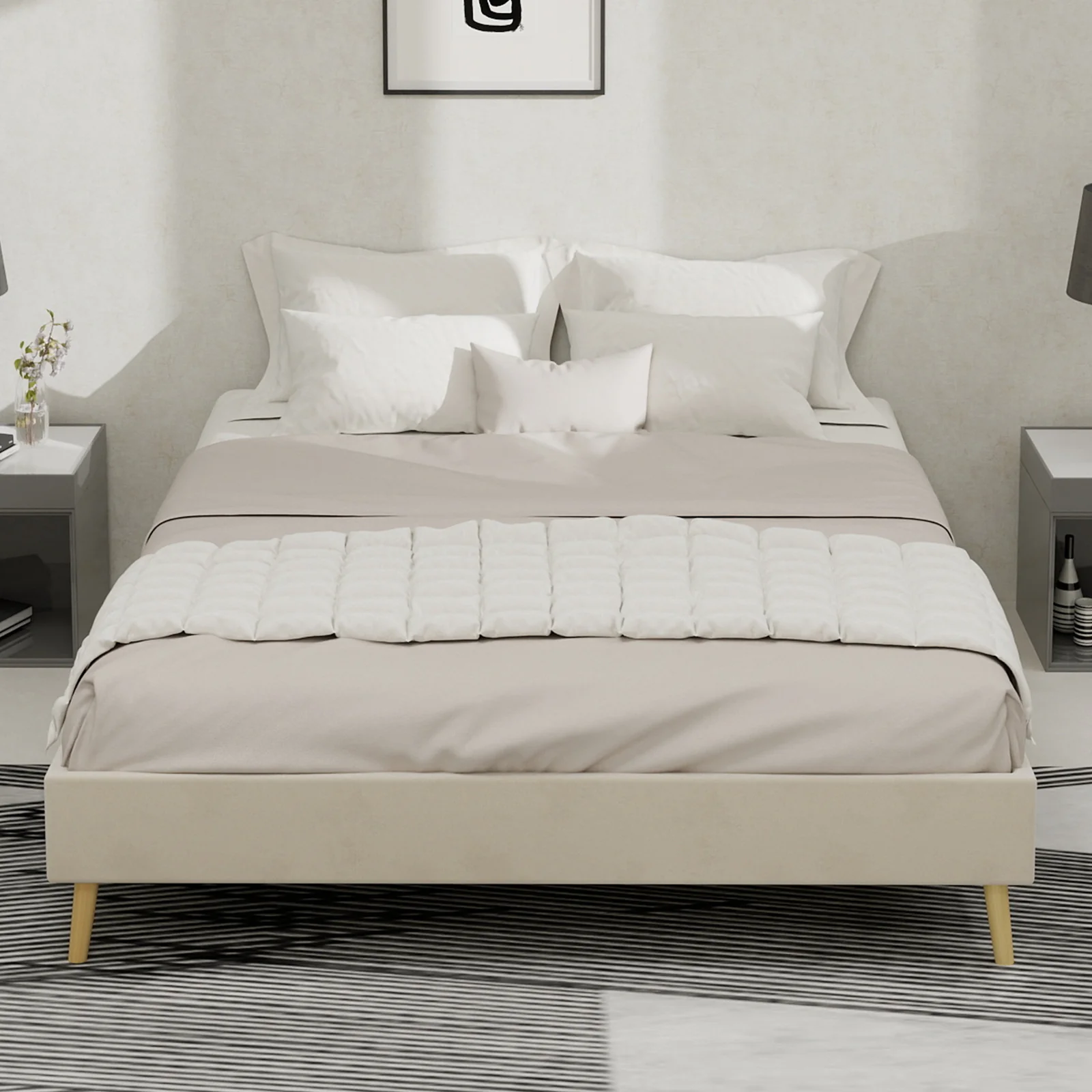 Modern Minimalist Bed Frame 140x200 Low-Profile Base - Beige Dutch Velvet - Image 2