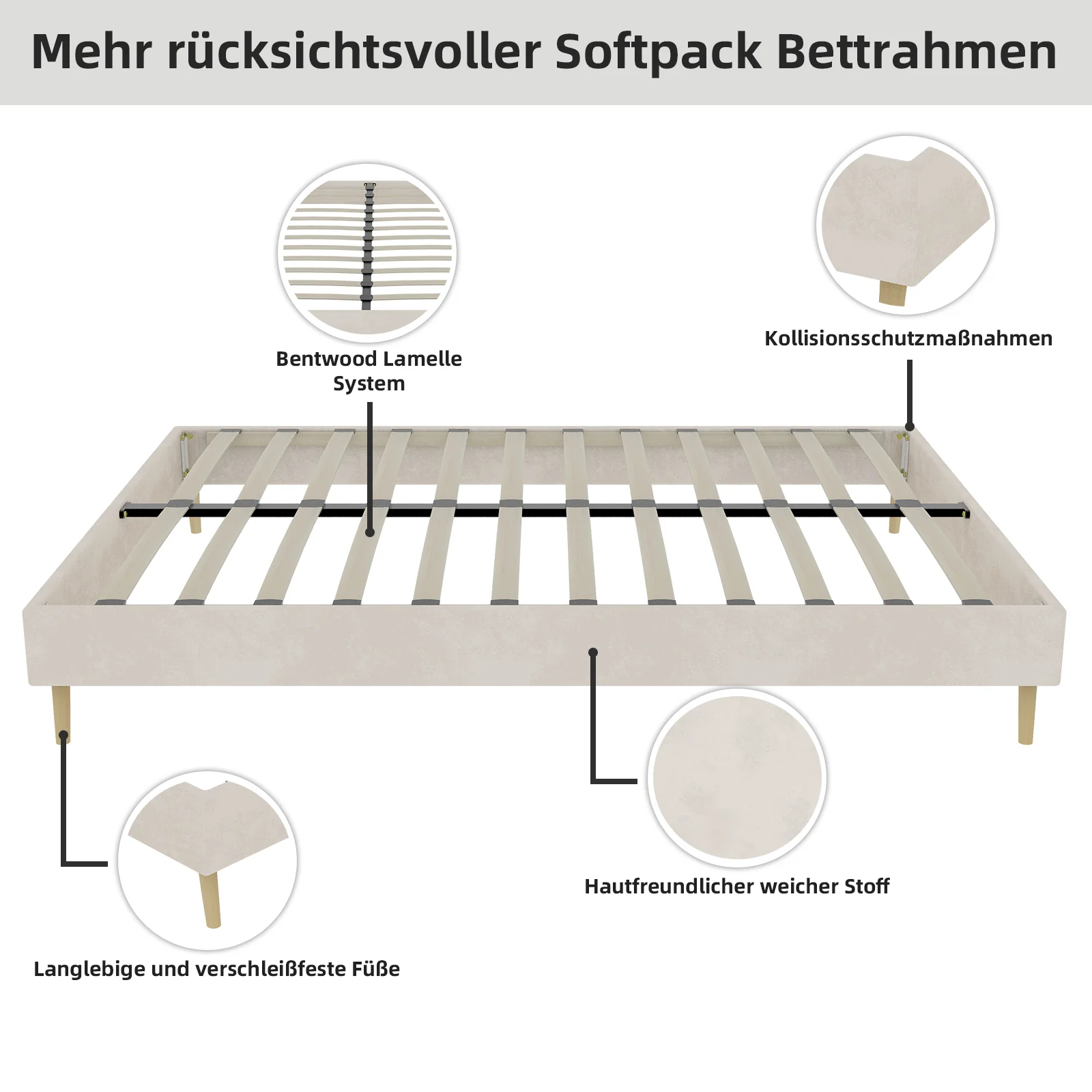 Modern Minimalist Bed Frame 140x200 Low-Profile Base - Beige Dutch Velvet - Image 6