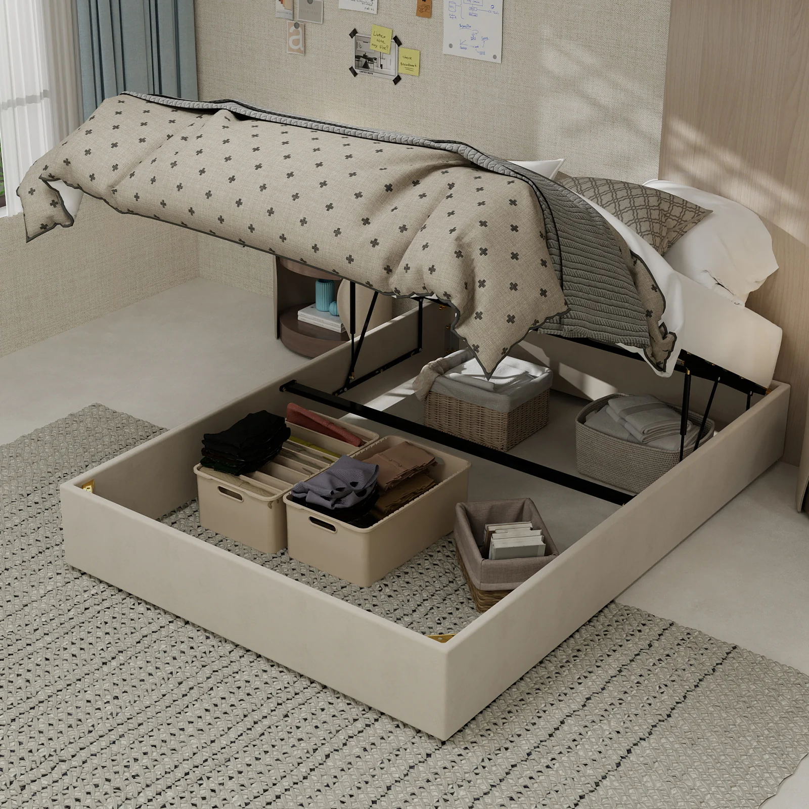 Modern Minimalist Bed Frame 140x200cm Hydraulic Storage - Beige Dutch Velvet