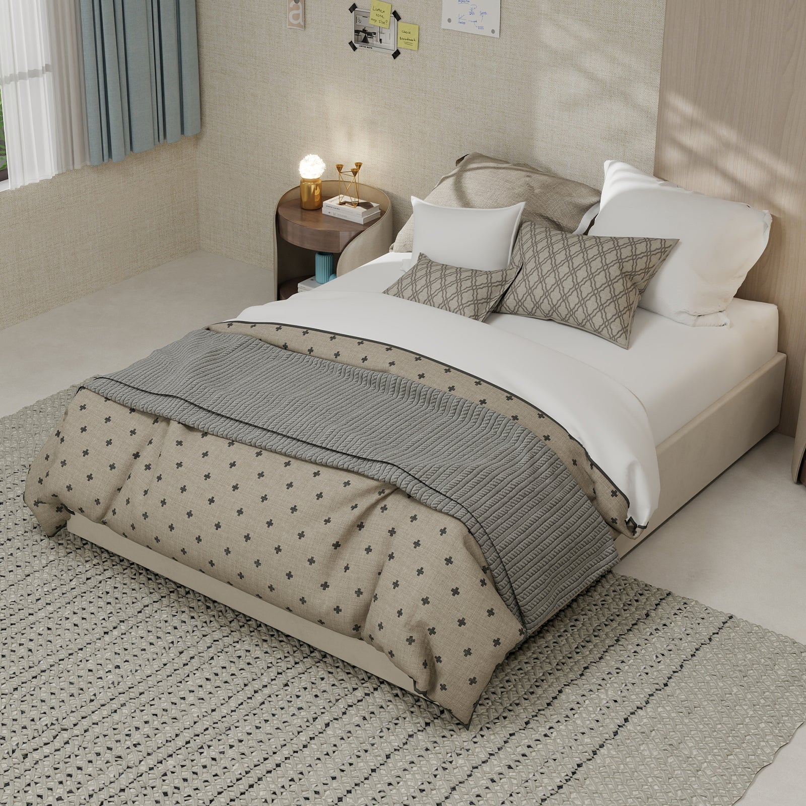 Modern Minimalist Bed Frame 140x200cm Hydraulic Storage - Beige Dutch Velvet - Image 4