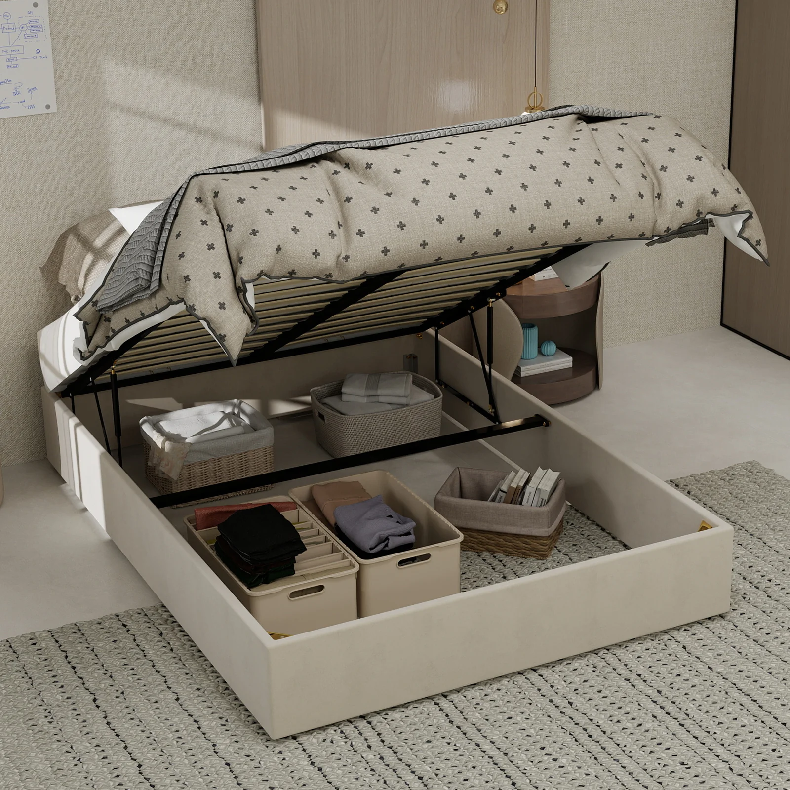Modern Minimalist Bed Frame 140x200cm Hydraulic Storage - Beige Dutch Velvet - Image 5