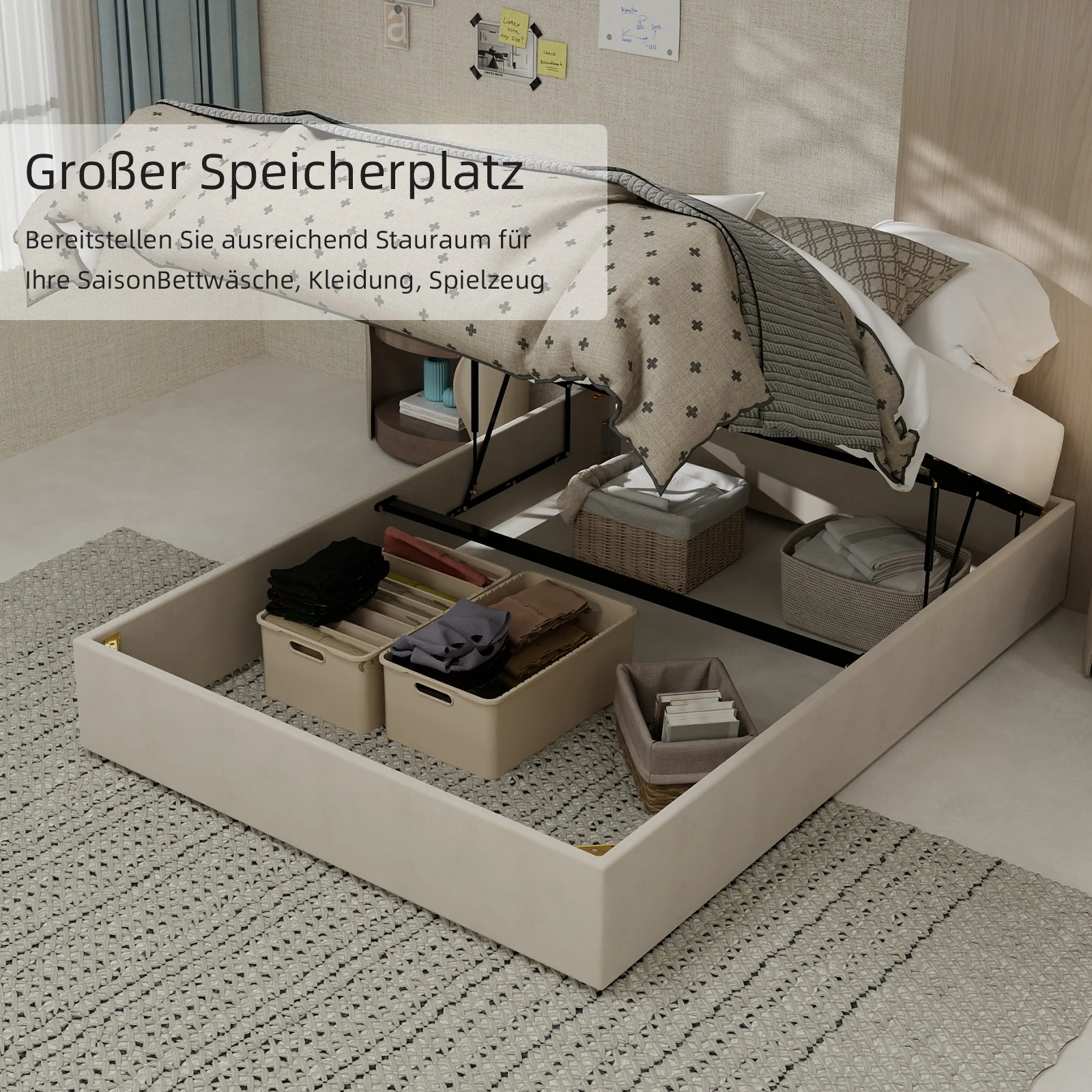Modern Minimalist Bed Frame 140x200cm Hydraulic Storage - Beige Dutch Velvet - Image 8