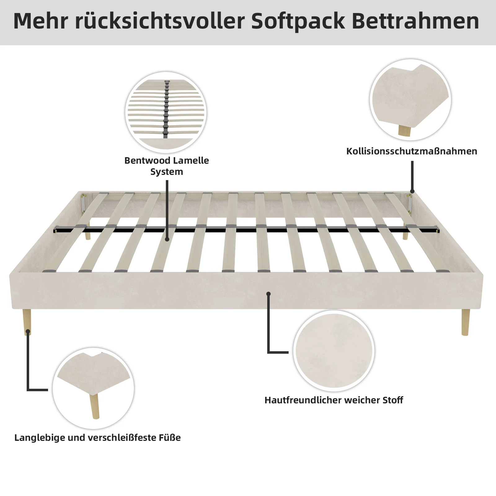 Modern Minimalist Bed Frame 160x200 Low-Profile - Dutch Velvet Beige - Image 6