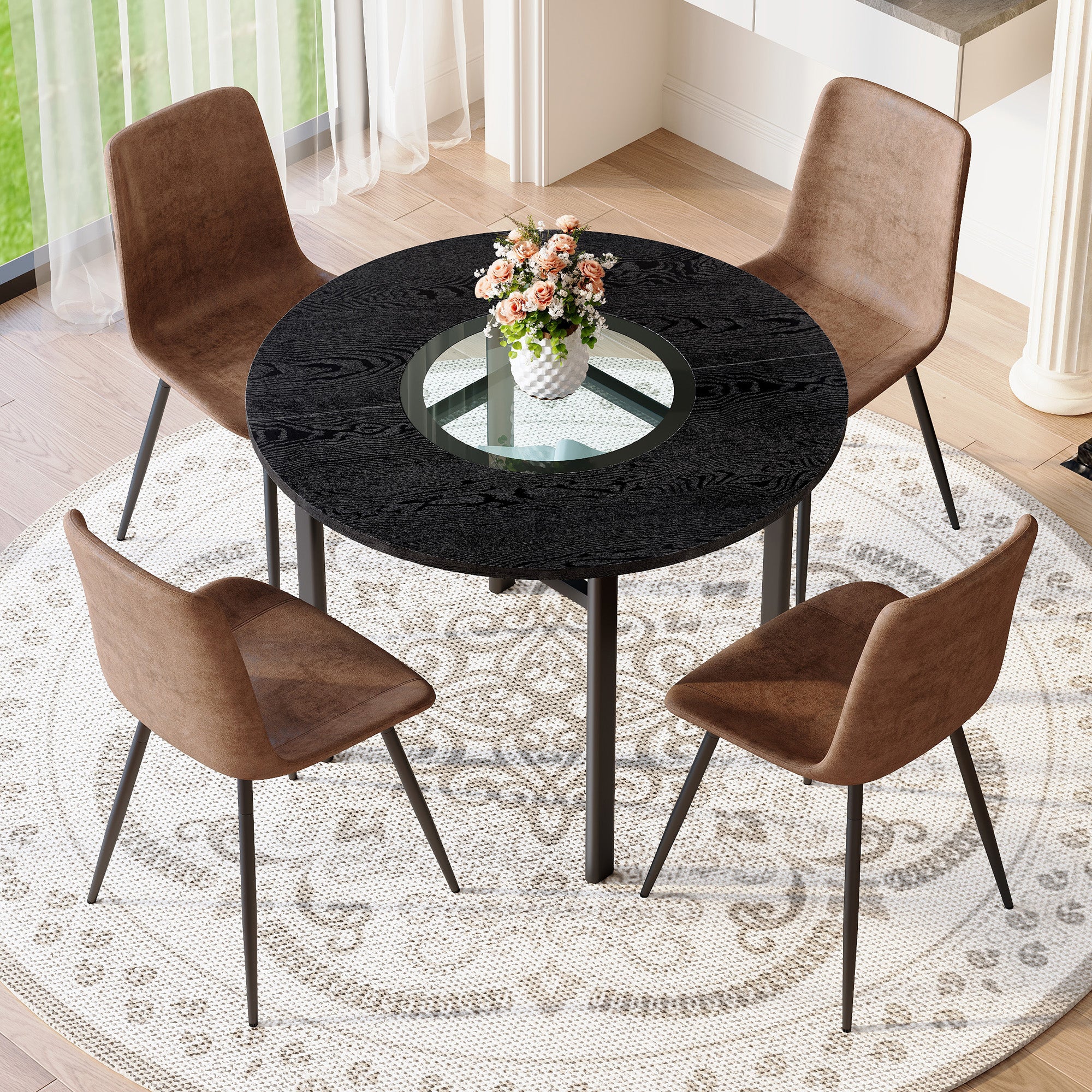 Modern Minimalist Round Table Set 100cm with 4 Tech Fabric Armchairs Black Wood Look & Brown - Image 2