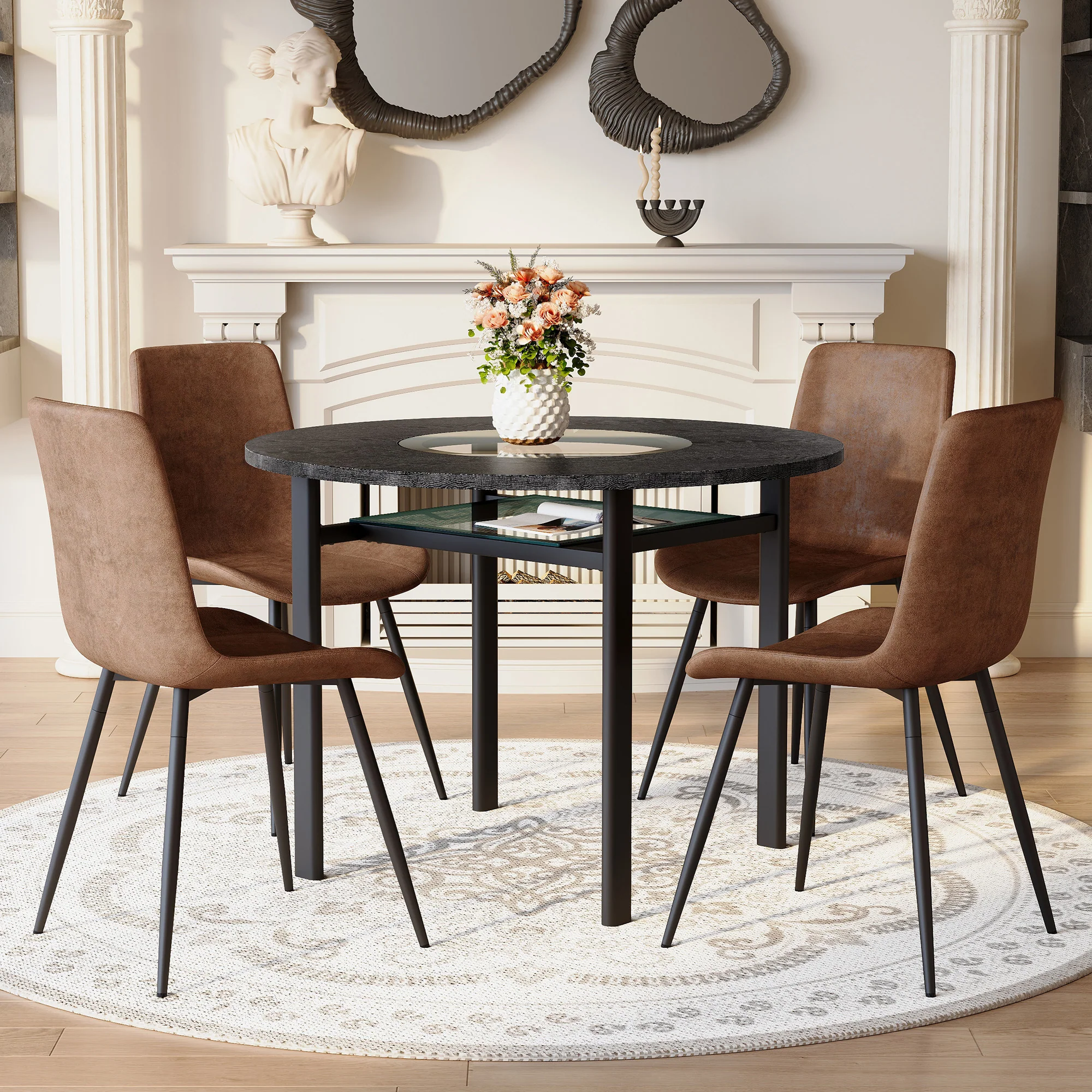 Modern Minimalist Round Table Set 100cm with 4 Tech Fabric Armchairs Black Wood Look & Brown - Image 3