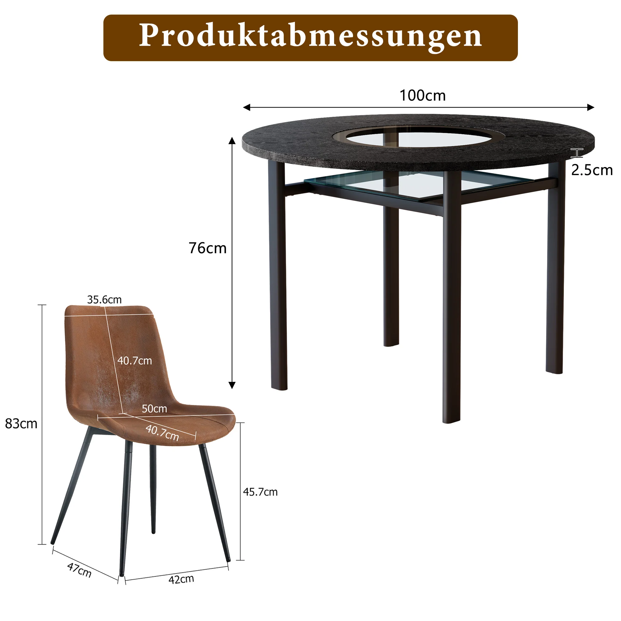Modern Minimalist Round Table Set 100cm with 4 Tech Fabric Armchairs Black Wood Look & Brown - Image 4