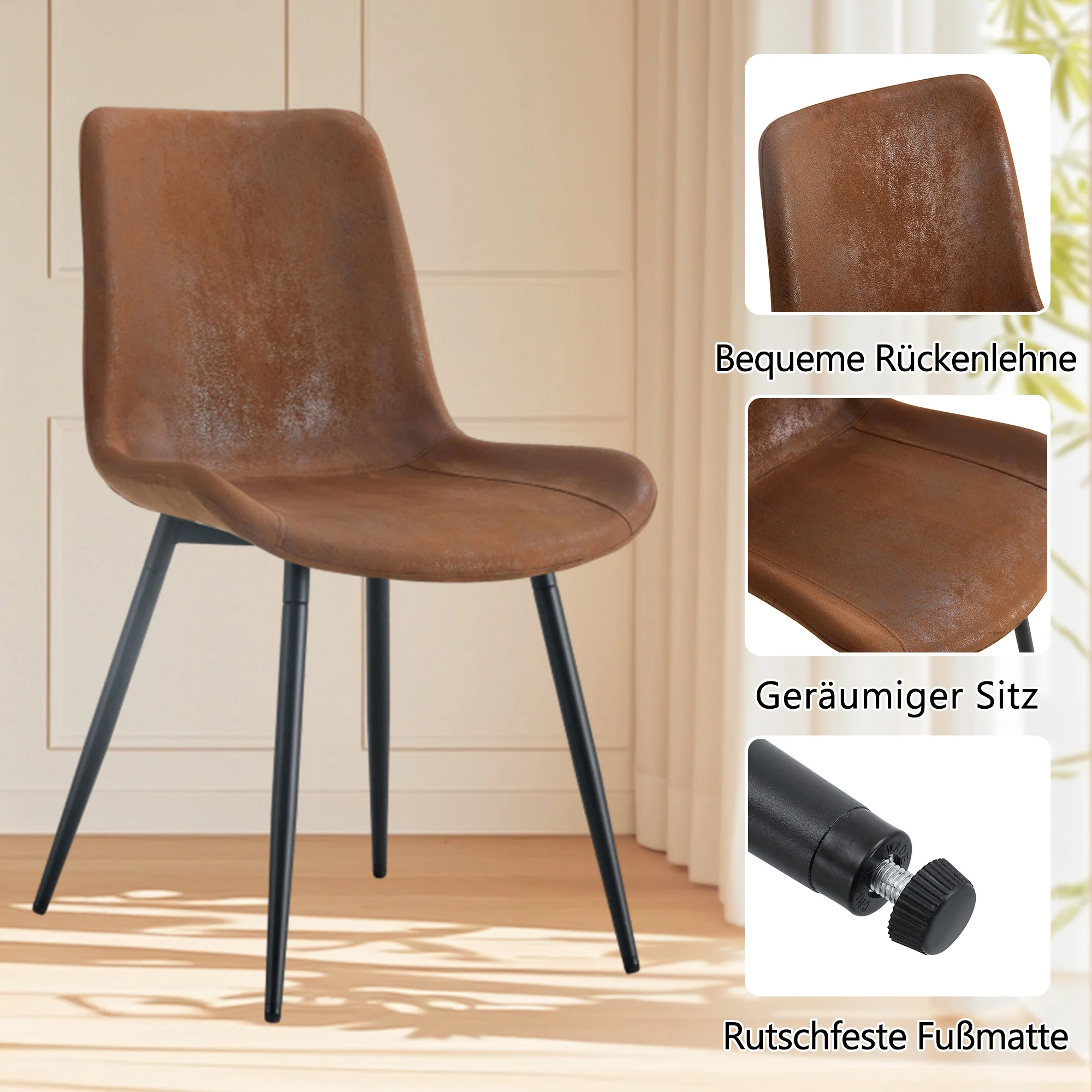 Modern Minimalist Round Table Set 100cm with 4 Tech Fabric Armchairs Black Wood Look & Brown - Image 5