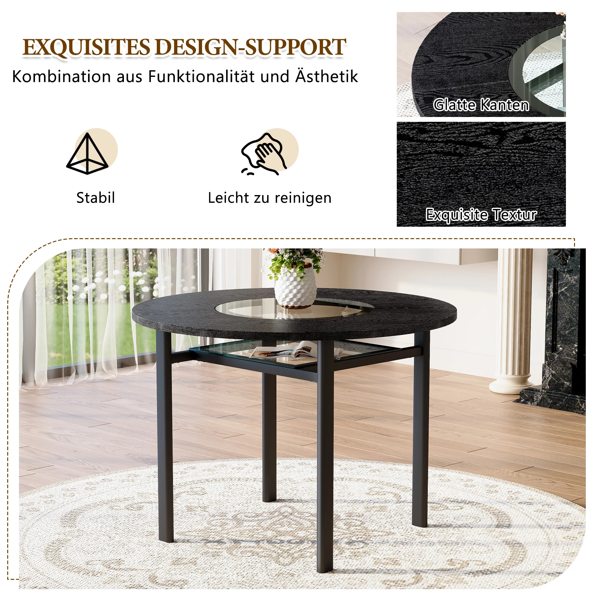 Modern Minimalist Round Table Set 100cm with 4 Tech Fabric Armchairs Black Wood Look & Brown - Image 8